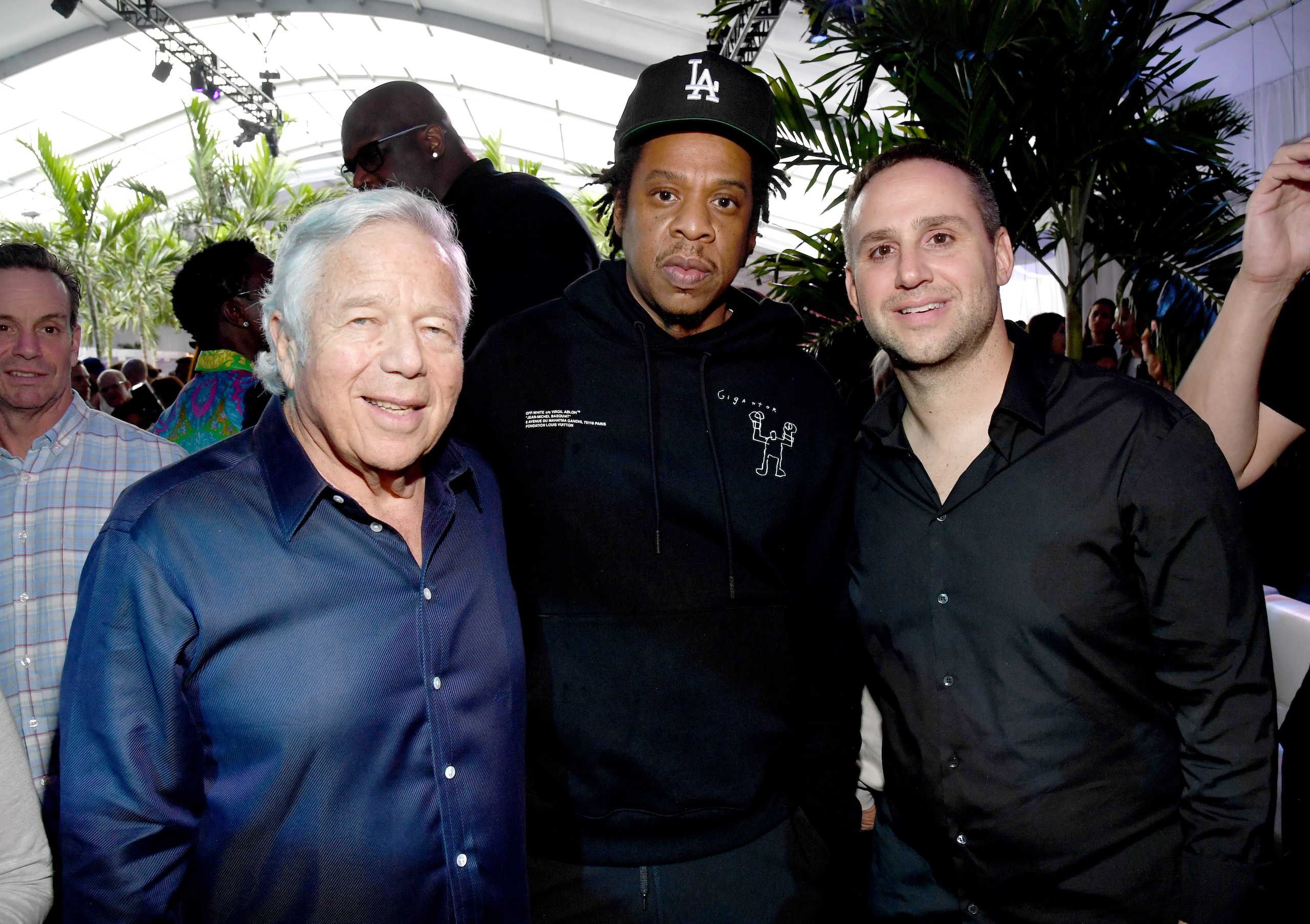 MIAMI BEACH, FLORIDA - FEBRUARY 01: Robert Kraft, Jay-Z and Mike Rubin attend Michael Rubin's Fanatics Super Bowl Party at Loews Miami Beach Hotel on February 01, 2020 in Miami Beach, Florida. (Photo by Kevin Mazur/Getty Images for Fanatics )