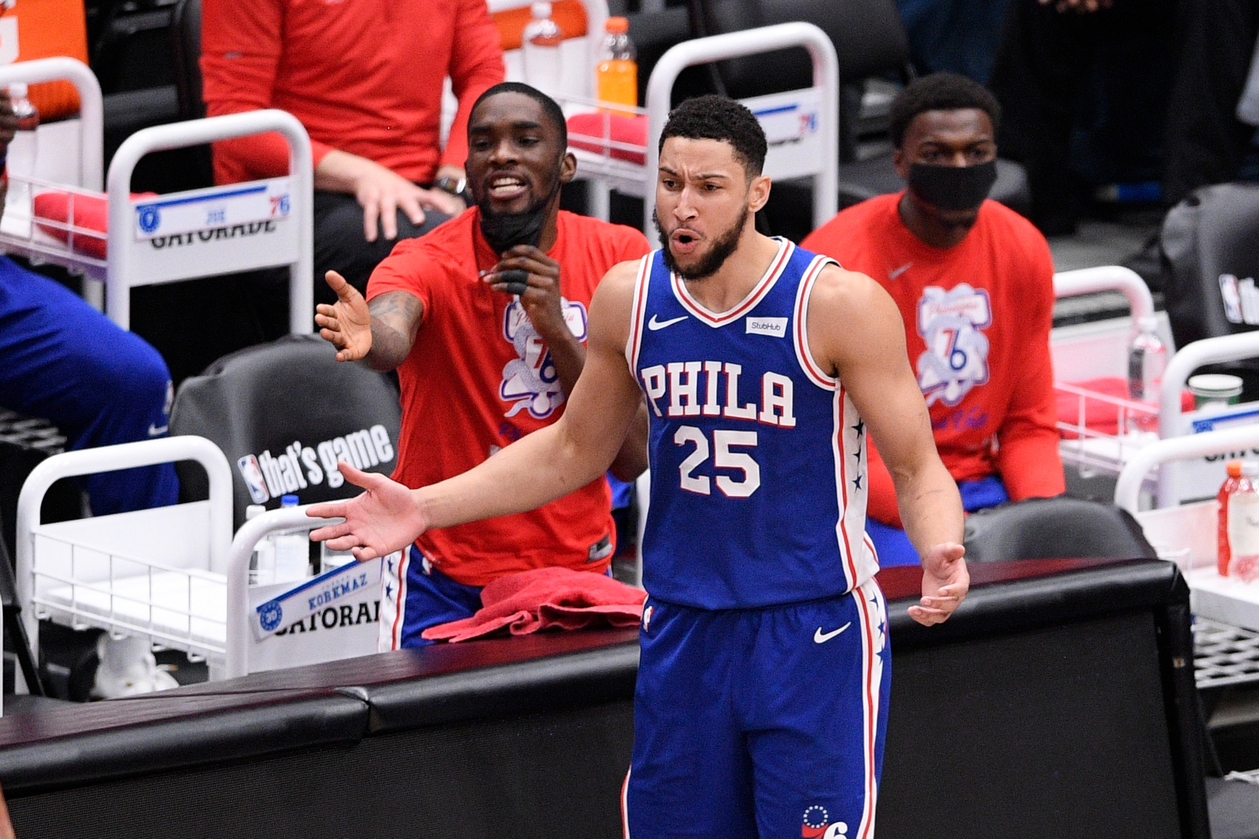 Philadelphia 76ers guard Ben Simmons (25) reacts during the second half of Game 4 in a first-round NBA basketball playoff series against the Washington Wizards, Monday, May 31, 2021, in Washington. (AP Photo/Nick Wass)