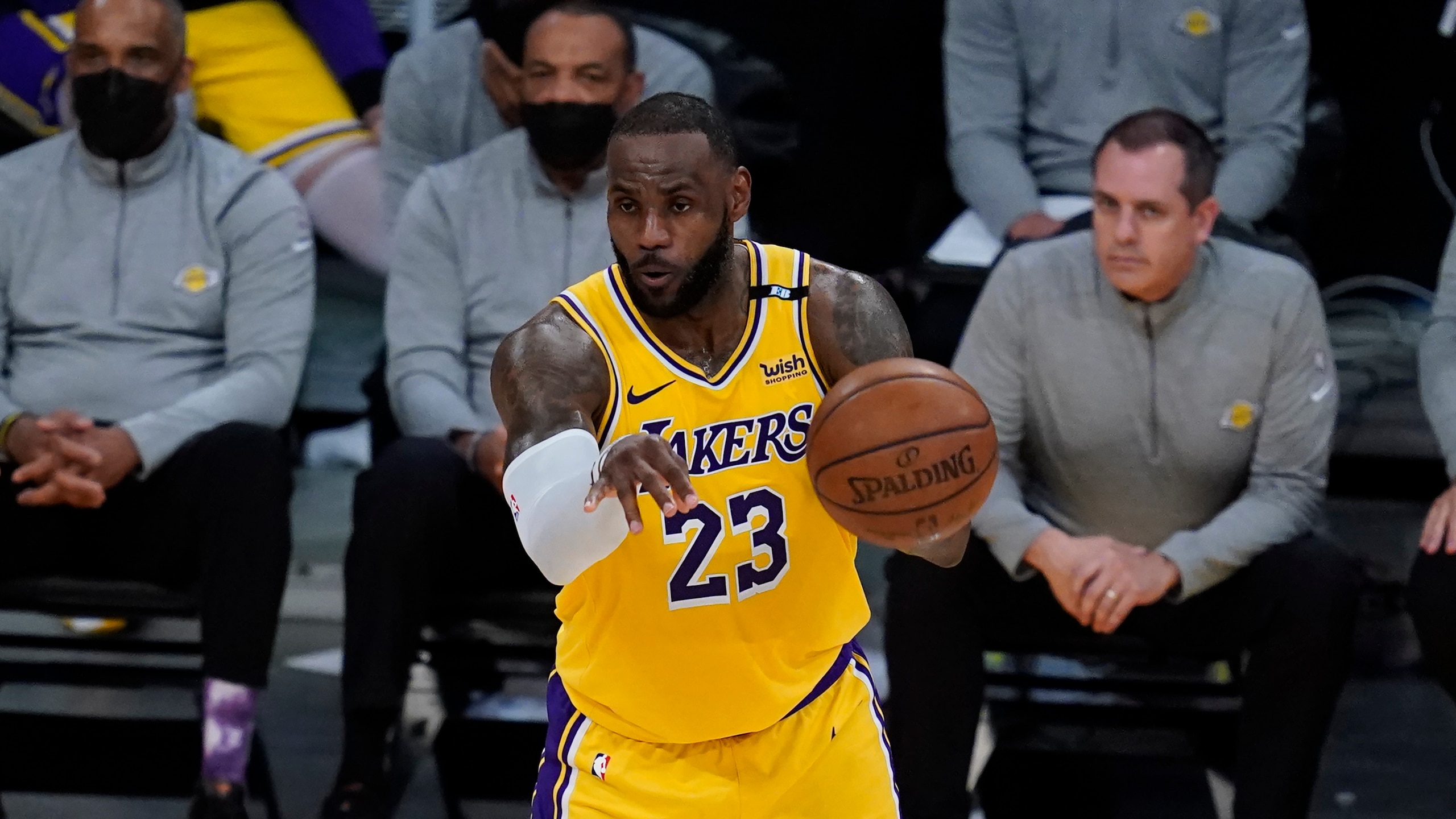 Los Angeles Lakers forward LeBron James (23) passes the ball during Game 6 of an NBA basketball first-round playoff series against the Phoenix Suns Thursday, Jun 3, 2021, in Los Angeles. (AP Photo/Ashley Landis)