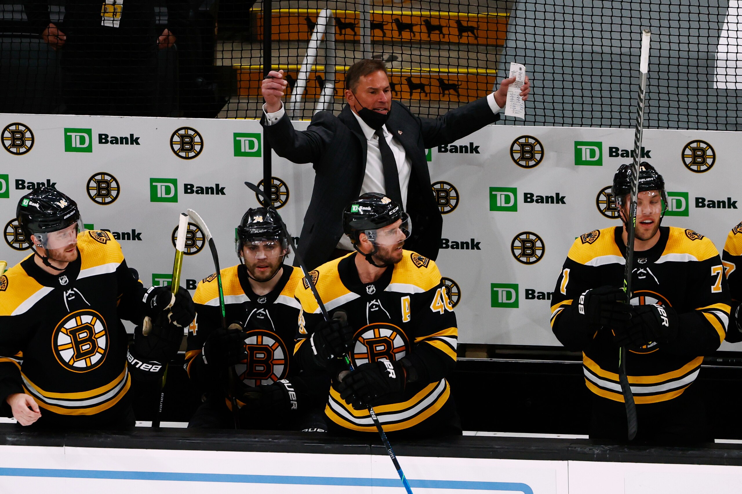 Boston Bruins head coach Bruce Cassidy in the third period of Game 2 during an NHL hockey second-round playoff series against the New York Islanders, Monday, May 31, 2021, in Boston. (AP Photo/Winslow Townson)
