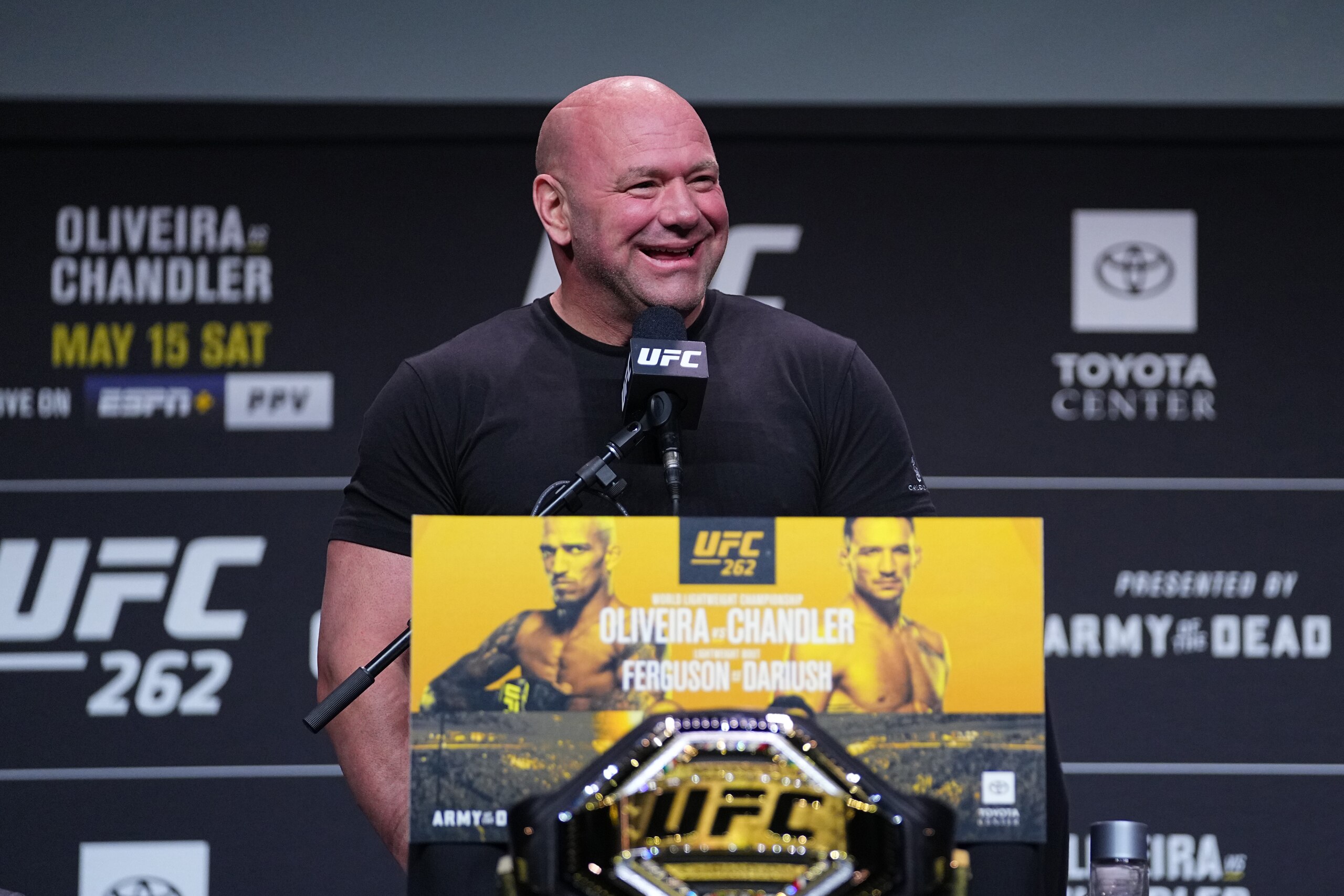 HOUSTON, TEXAS - MAY 13: UFC President Dana White interacts with media during the UFC 262 press conference at George R. Brown Convention Center on May 13, 2021 in Houston, Texas. (Photo by Josh Hedges/Zuffa LLC) HOUSTON, TEXAS - MAY 13: UFC President Dana White interacts with media during the UFC 262 press conference at George R. Brown Convention Center on May 13, 2021 in Houston, Texas. (Photo by Josh Hedges/Zuffa LLC)