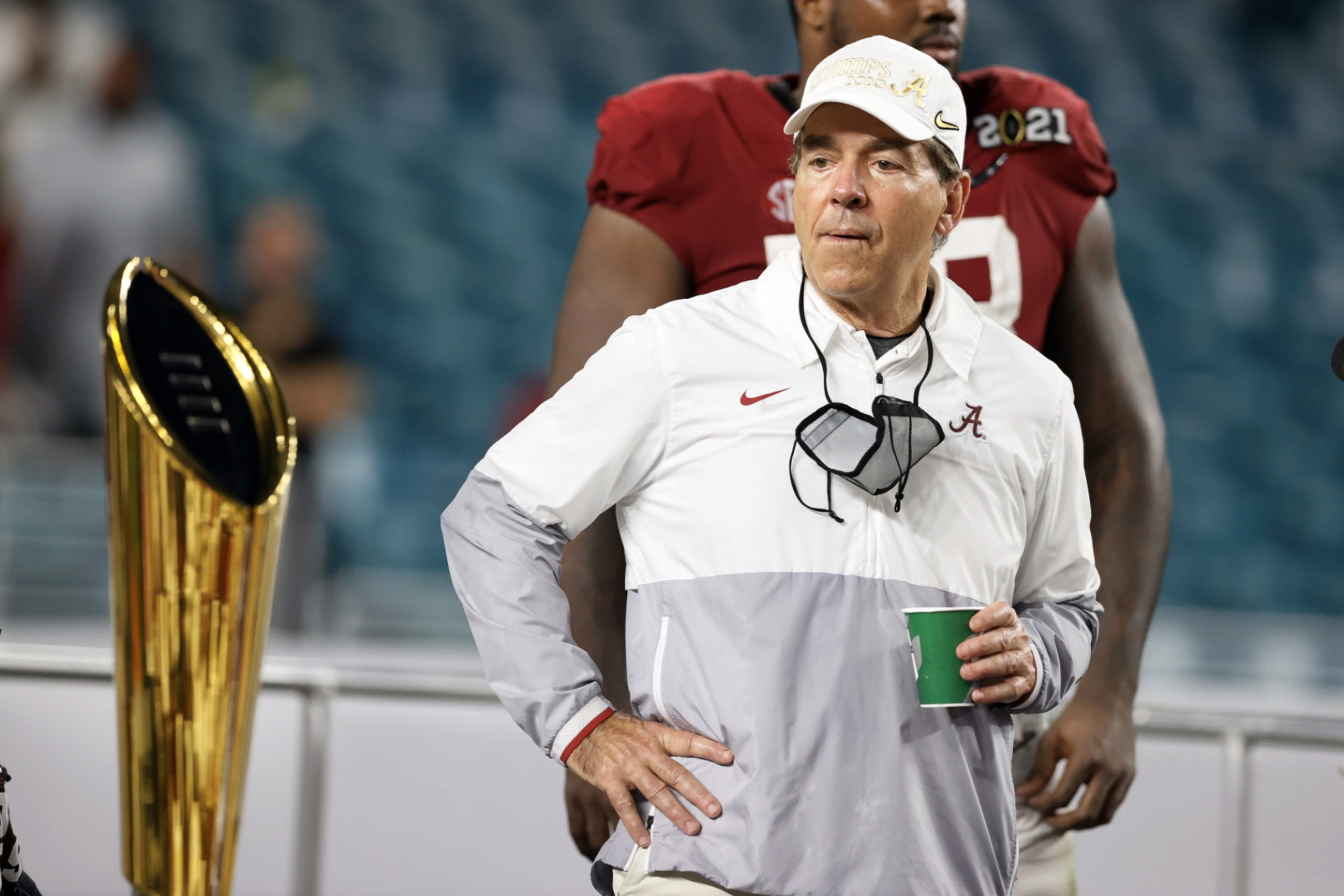 College Football: CFP National Championship: Alabama coach Nick Saban during trophy presentation vs Ohio State at Hard Rock Stadium.
Miami Gardens, FL 1/11/2021
CREDIT David E. Klutho (Photo by David E. Klutho/Sports Illustrated via Getty Images)
(Set Number: X163498)
