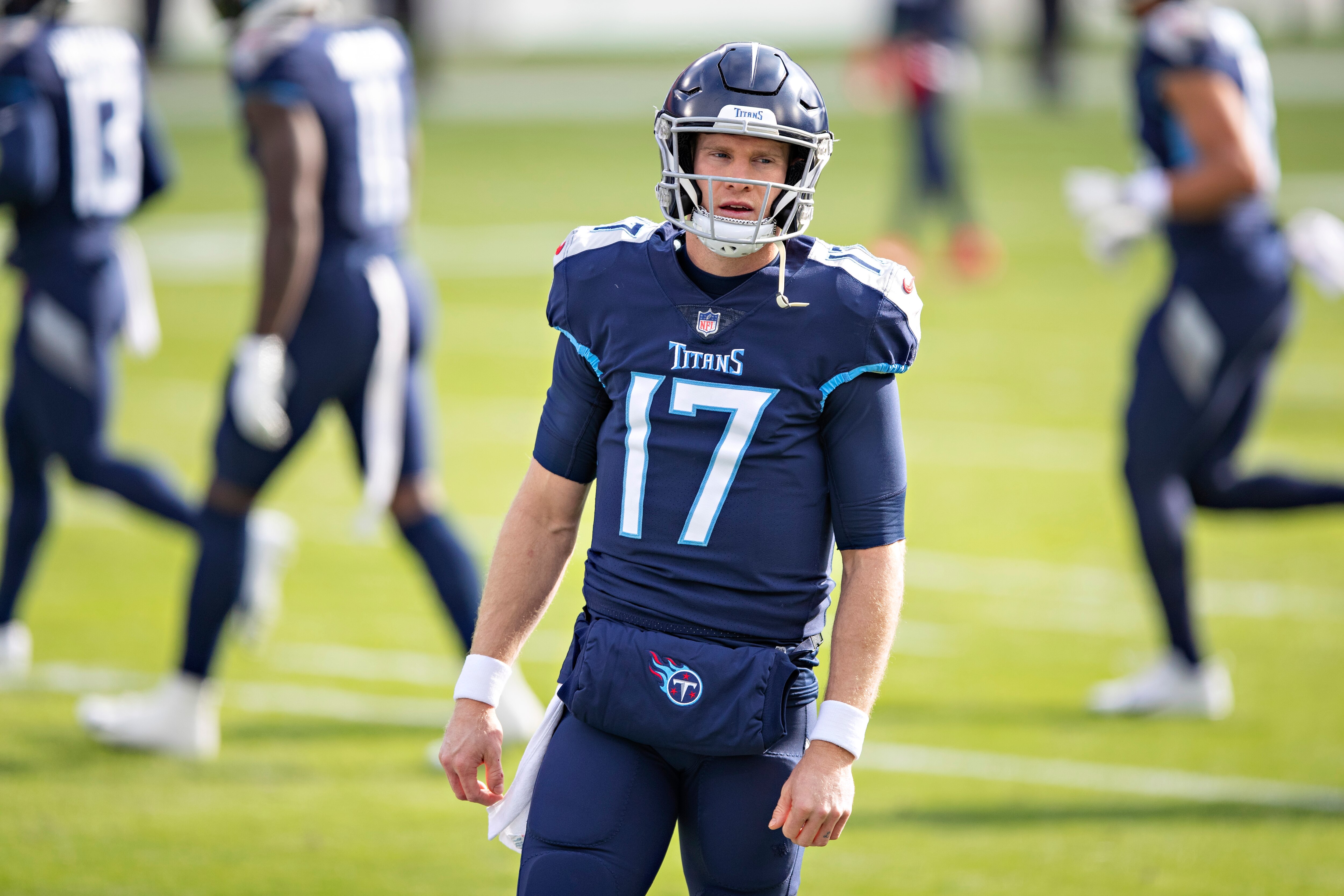 NASHVILLE, TENNESSEE - JANUARY 10: Quarterback Ryan Tannehill #17 of the Tennessee Titans warms up before their AFC Wild Card Playoff game against the Baltimore Ravens at Nissan Stadium on January 10, 2021 in Nashville, Tennessee. The Ravens defeated the Titans 20-13.  (Photo by Wesley Hitt/Getty Images)