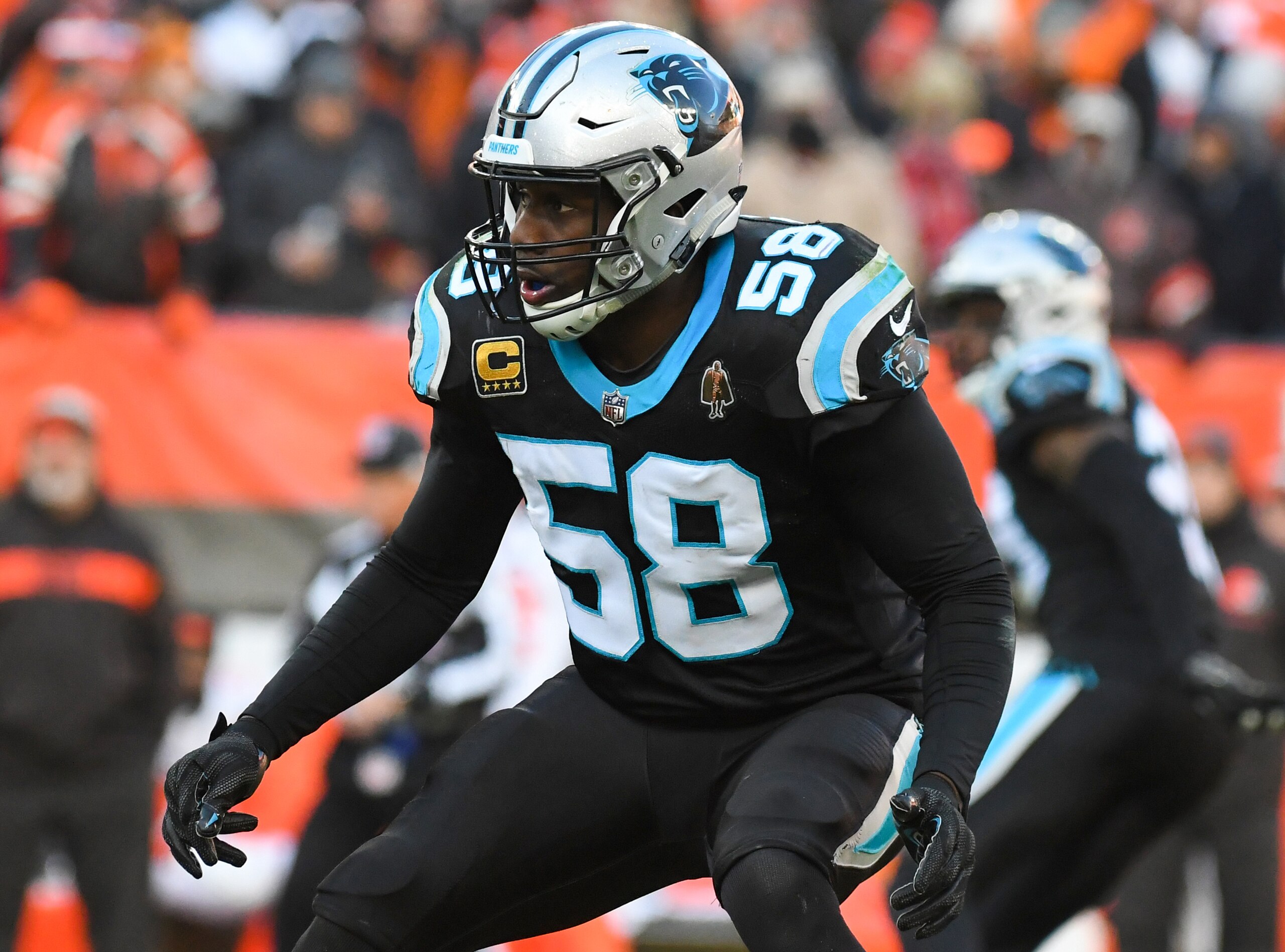 CLEVELAND, OH - DECEMBER 9, 2018: Outside linebacker Thomas Davis #58 of the Carolina Panthers drops into pass coverage in the third quarter of a game against the Cleveland Browns on December 9, 2018 at FirstEnergy Stadium in Cleveland, Ohio. Cleveland won 26-20. (Photo by: 2018 Nick Cammett/Diamond Images/Getty Images)  