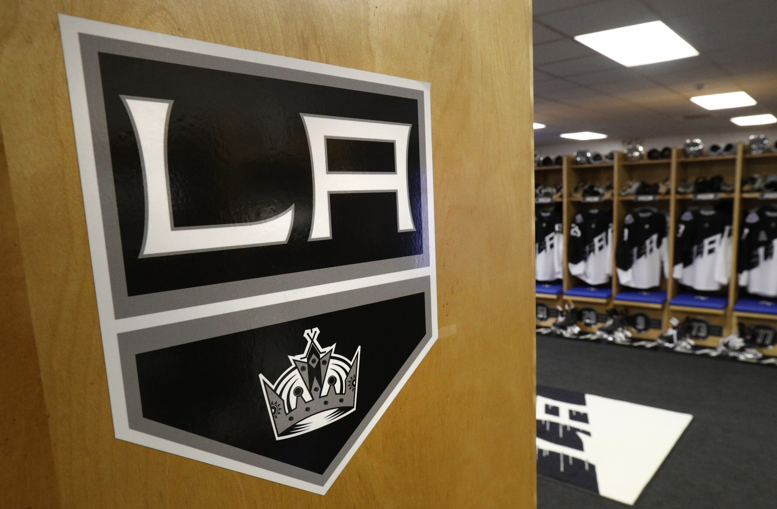 COLORADO SPRINGS, COLORADO - FEBRUARY 15: A detailed view of the Los Angeles Kings logo is seen in the locker room prior to the 2020 NHL Stadium Series game between the Los Angeles Kings and the Colorado Avalanche at Falcon Stadium on February 15, 2020 in Colorado Springs, Colorado. (Photo by Dave Sandford/NHLI via Getty Images)