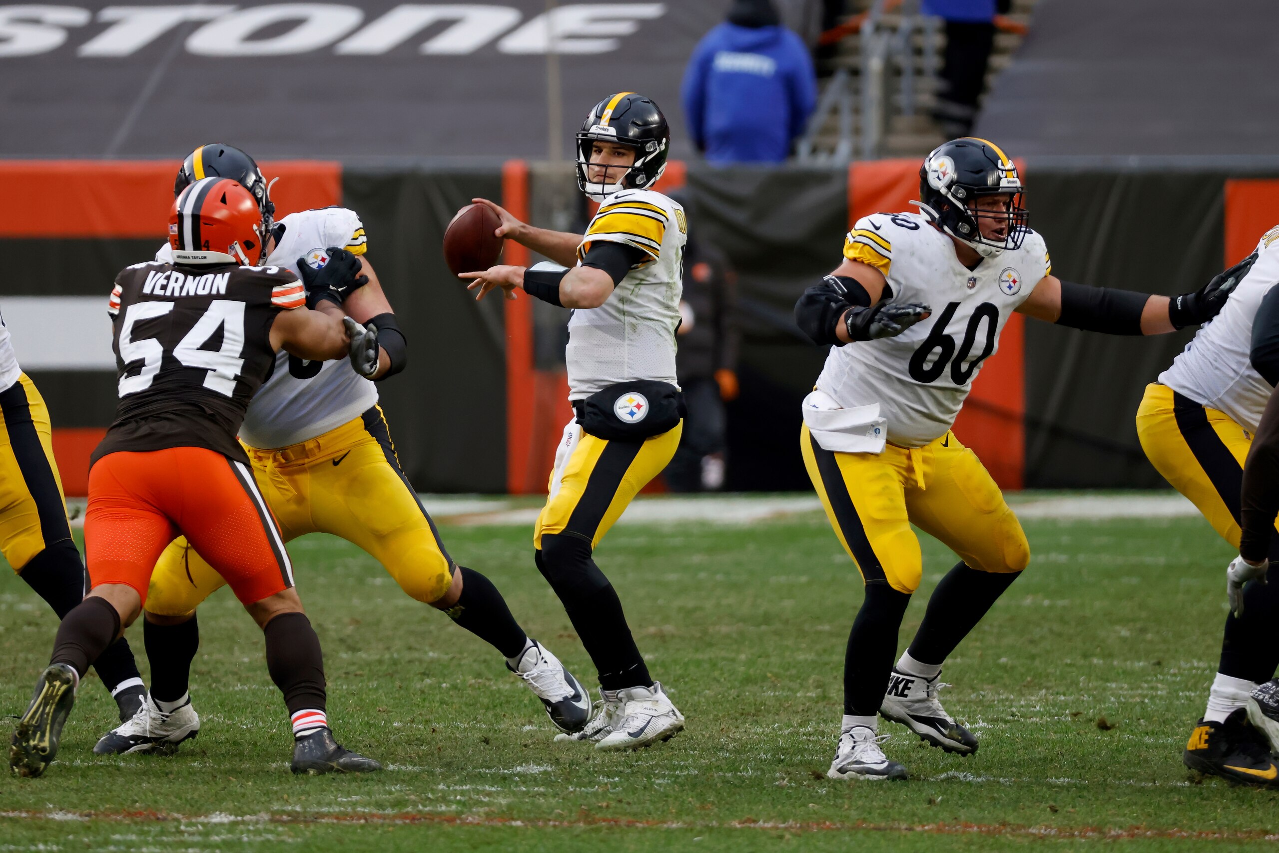 Pittsburgh Steelers quarterback Mason Rudolph (2) looks to throw the ball during an NFL football game against the Cleveland Browns on Sunday, Jan. 3, 2021, in Cleveland. Cleveland defeated Pittsburgh 24-22. (AP Photo/Kirk Irwin)