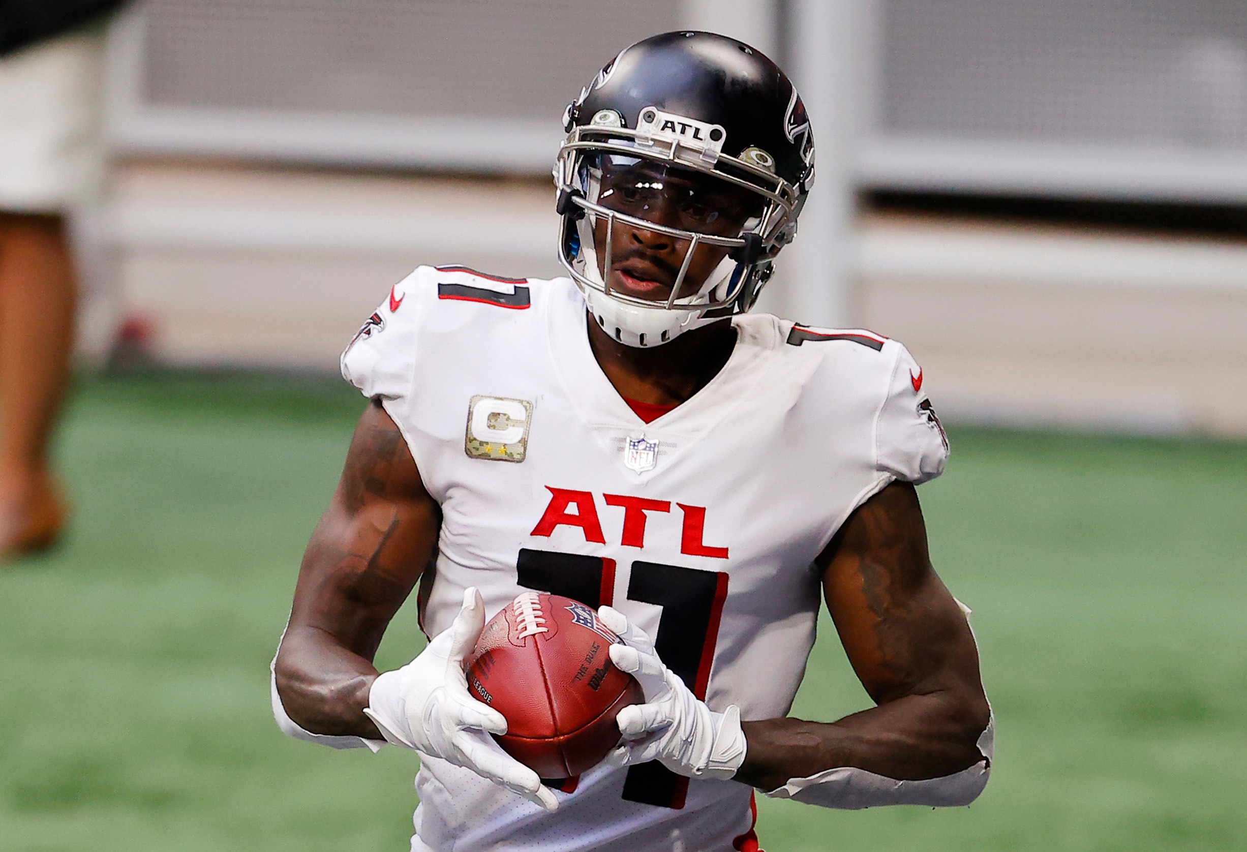 ATLANTA, GEORGIA - NOVEMBER 08: Julio Jones #11 of the Atlanta Falcons reacts after scoring a touchdown during the third quarter against the Denver Broncos at Mercedes-Benz Stadium on November 08, 2020 in Atlanta, Georgia. (Photo by Kevin C. Cox/Getty Images)