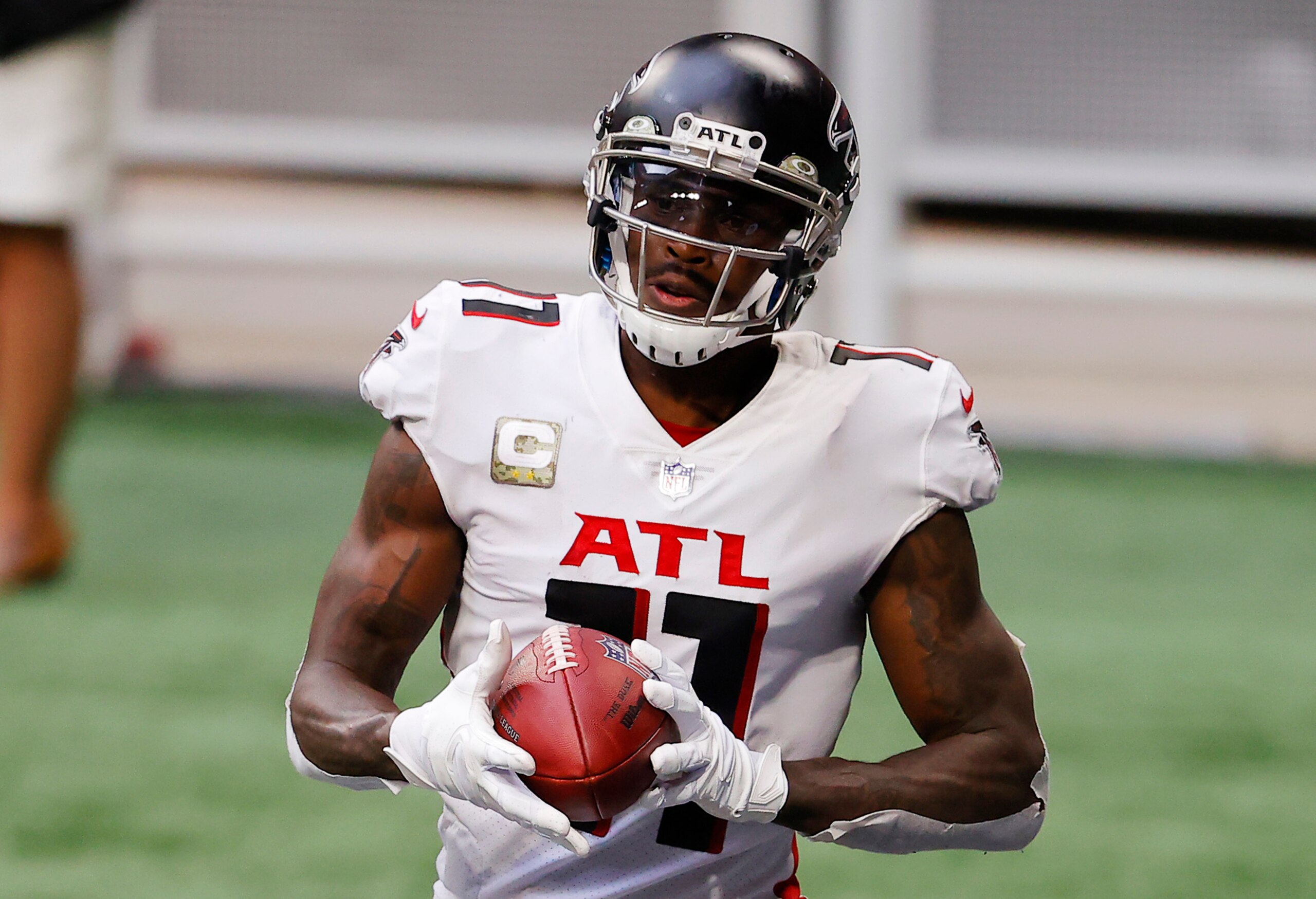 ATLANTA, GEORGIA - NOVEMBER 08: Julio Jones #11 of the Atlanta Falcons reacts after scoring a touchdown during the third quarter against the Denver Broncos at Mercedes-Benz Stadium on November 08, 2020 in Atlanta, Georgia. (Photo by Kevin C. Cox/Getty Images)