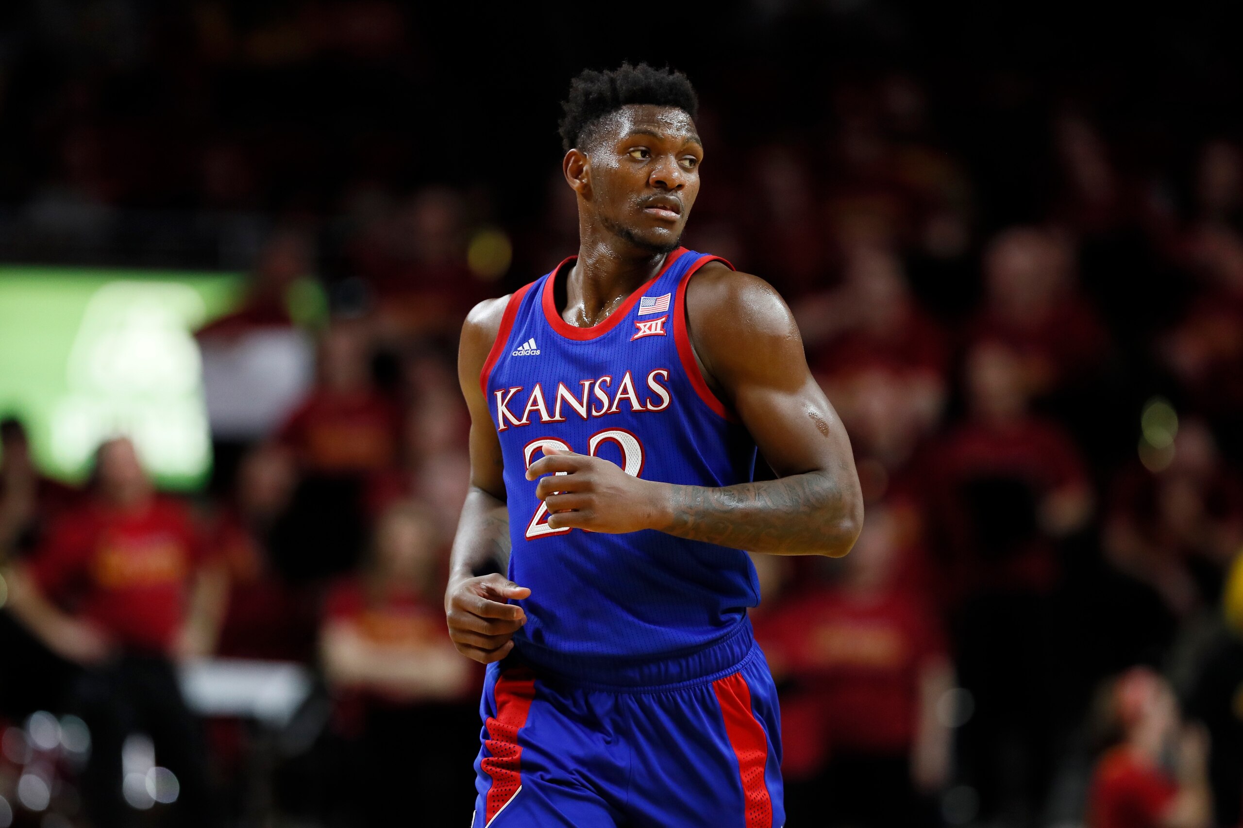 Kansas forward Silvio De Sousa runs up court during the second half of an NCAA college basketball game against Iowa State, Wednesday, Jan. 8, 2020, in Ames, Iowa. Kansas won 79-53. (AP Photo/Charlie Neibergall)