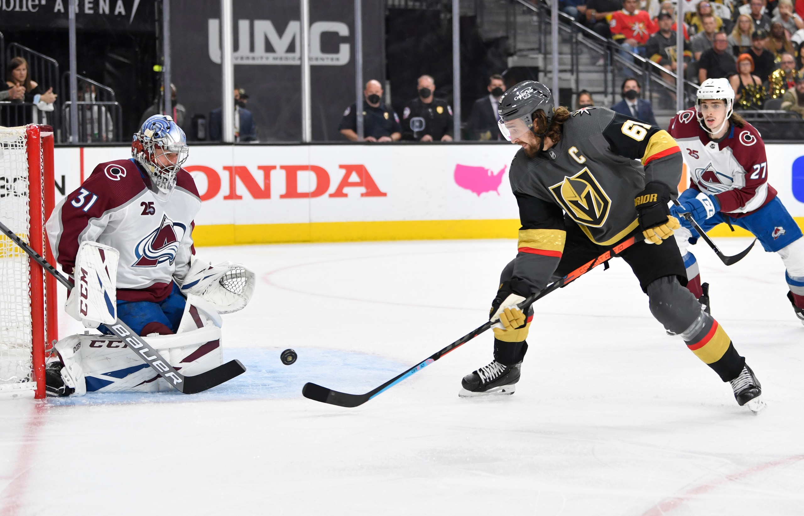 LAS VEGAS, NEVADA - JUNE 06: Mark Stone #61 of the Vegas Golden Knights shoots the puck against Philipp Grubauer #31 of the Colorado Avalanche during the first period in Game Four of the Second Round of the 2021 Stanley Cup Playoffs at T-Mobile Arena on June 06, 2021 in Las Vegas, Nevada. (Photo by Jeff Bottari/NHLI via Getty Images)
