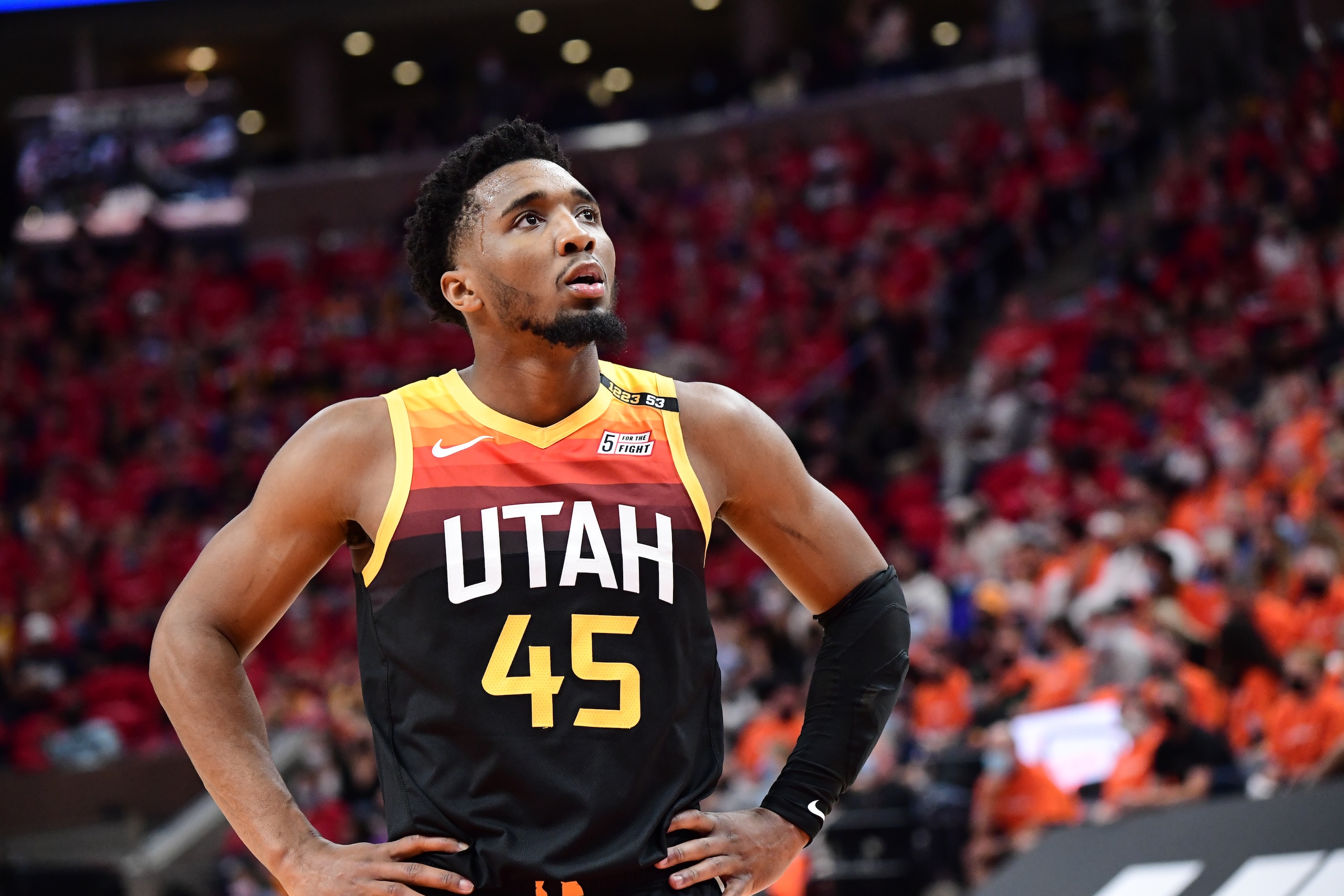 SALT LAKE CITY, UT - JUNE 8: Donovan Mitchell #45 of the Utah Jazz looks on during Round 2, Game 1 of the 2021 NBA Playoffs on June 8, 2021 at vivint.SmartHome Arena in Salt Lake City, Utah. NOTE TO USER: User expressly acknowledges and agrees that, by downloading and or using this Photograph, User is consenting to the terms and conditions of the Getty Images License Agreement. Mandatory Copyright Notice: Copyright 2021 NBAE (Photo by Adam Pantozzi/NBAE via Getty Images)