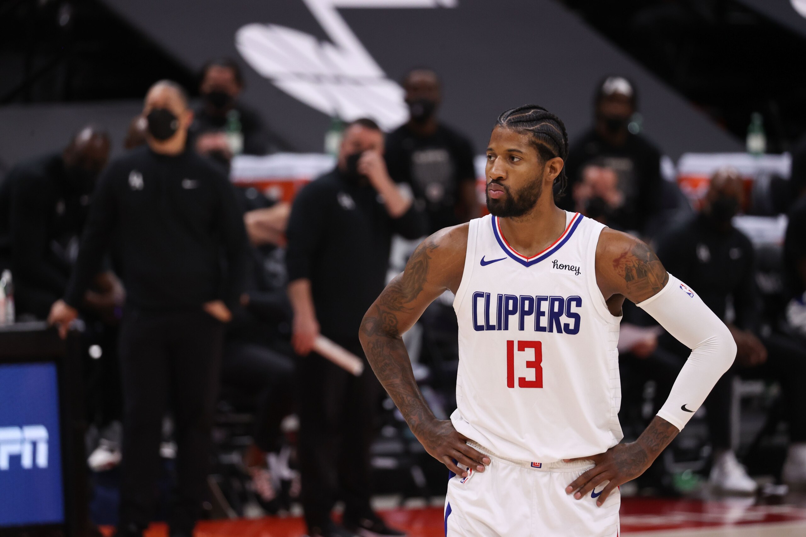 SALT LAKE CITY, UT - JUNE 8: Paul George #13 of the LA Clippers looks on during the game against the Utah Jazz during Round 2, Game 1 of the 2021 NBA Playoffs on June 8, 2021 at vivint.SmartHome Arena in Salt Lake City, Utah. NOTE TO USER: User expressly acknowledges and agrees that, by downloading and or using this Photograph, User is consenting to the terms and conditions of the Getty Images License Agreement. Mandatory Copyright Notice: Copyright 2021 NBAE (Photo by Melissa Majchrzak/NBAE via Getty Images)