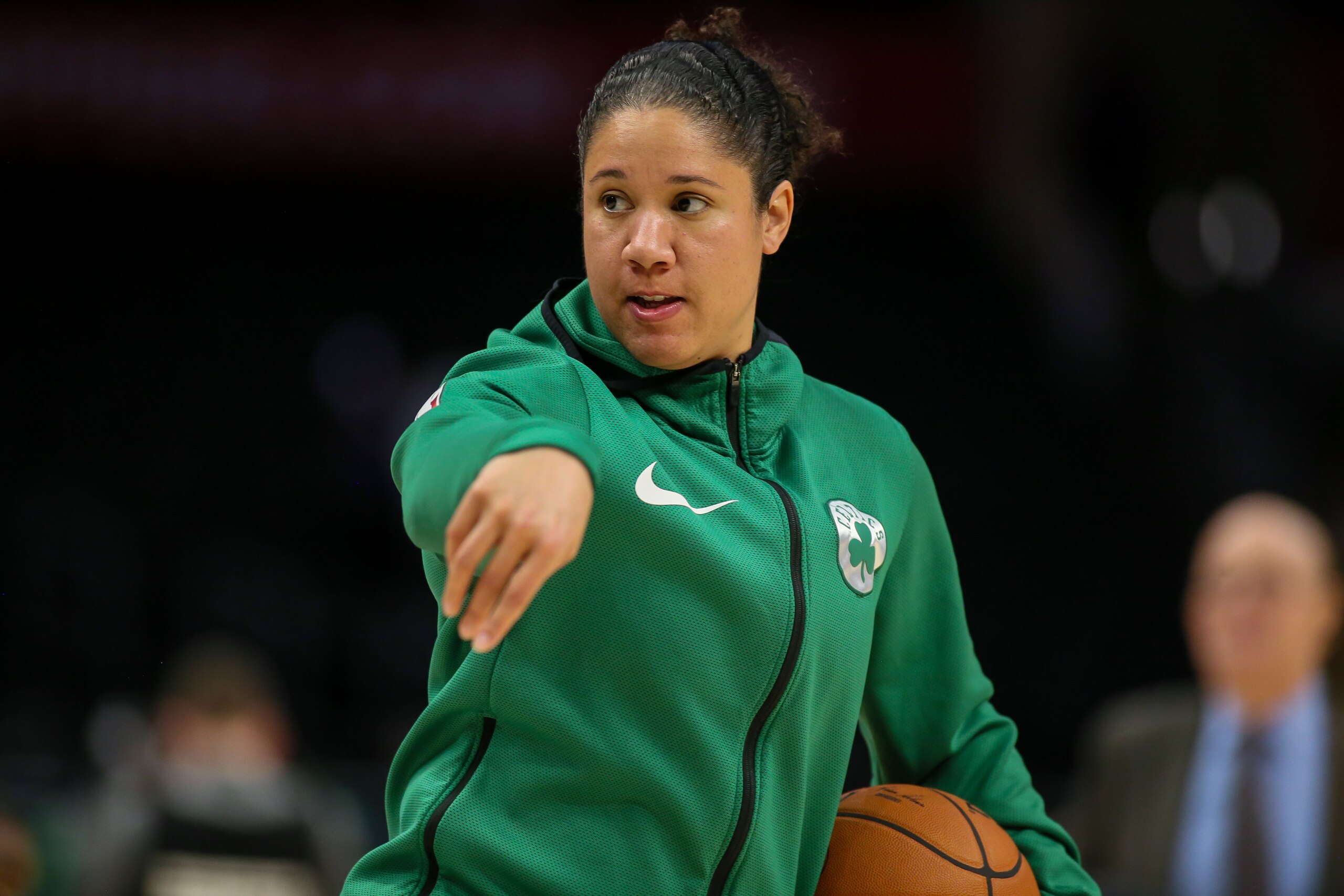 LOS ANGELES, CA - NOVEMBER 20:  Boston Celtics coach Kara Lawson before the Boston Celtics vs LA Clippers NBA basketball game on November 20, 2019, at Staples Center in Los Angeles, CA. (Photo by Jevone Moore/Icon Sportswire via Getty Images)