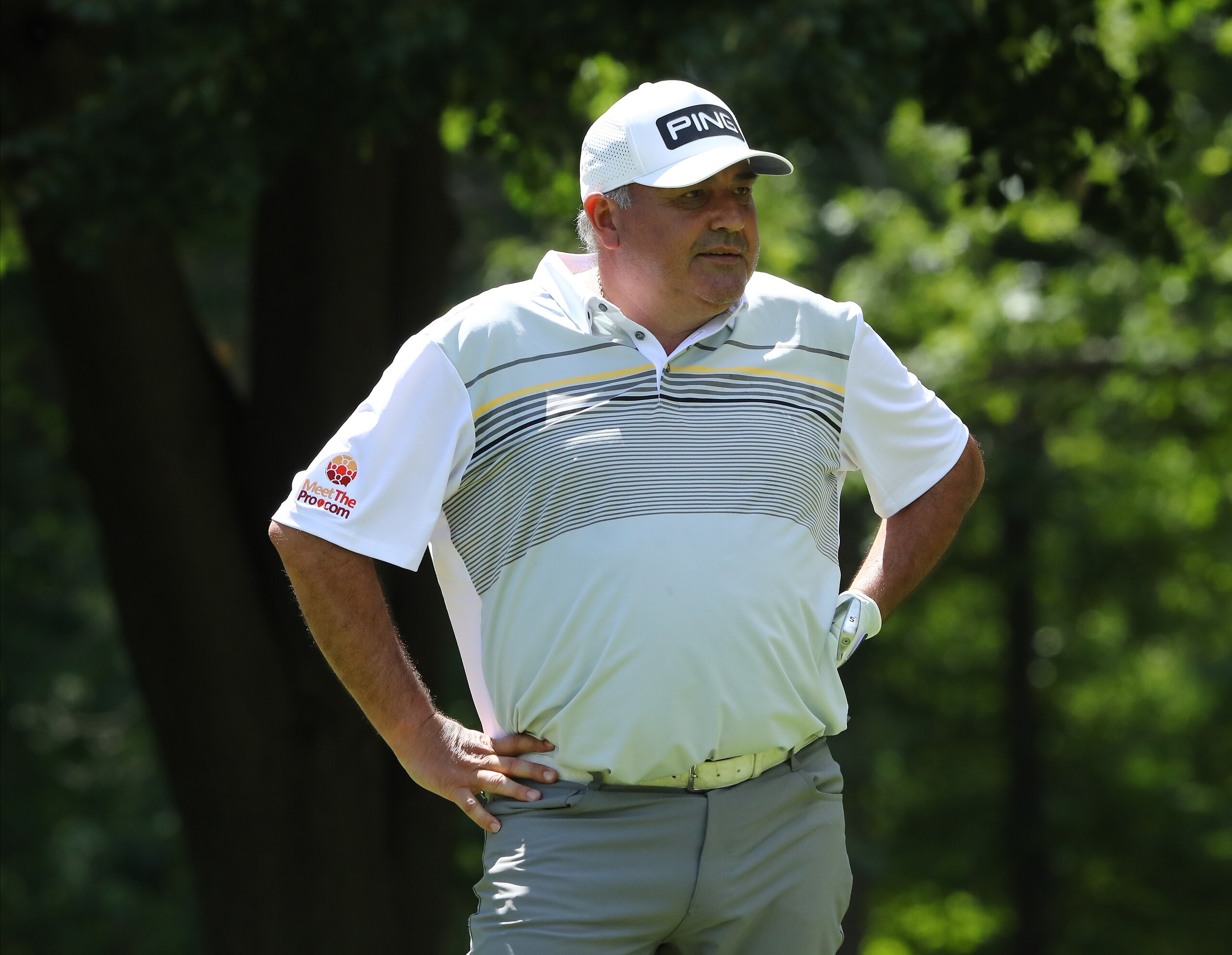 GRAND BLANC, MI - JULY 31: Angel Cabrera of Argentina reacts to his shot from the eighth tee during the first round of the Ally Challenge presented by McLaren at Warwick Hills Golf & Country Club on July 31, 2020 in Grand Blanc, Michigan. (Photo by Rey Del Rio/Getty Images)