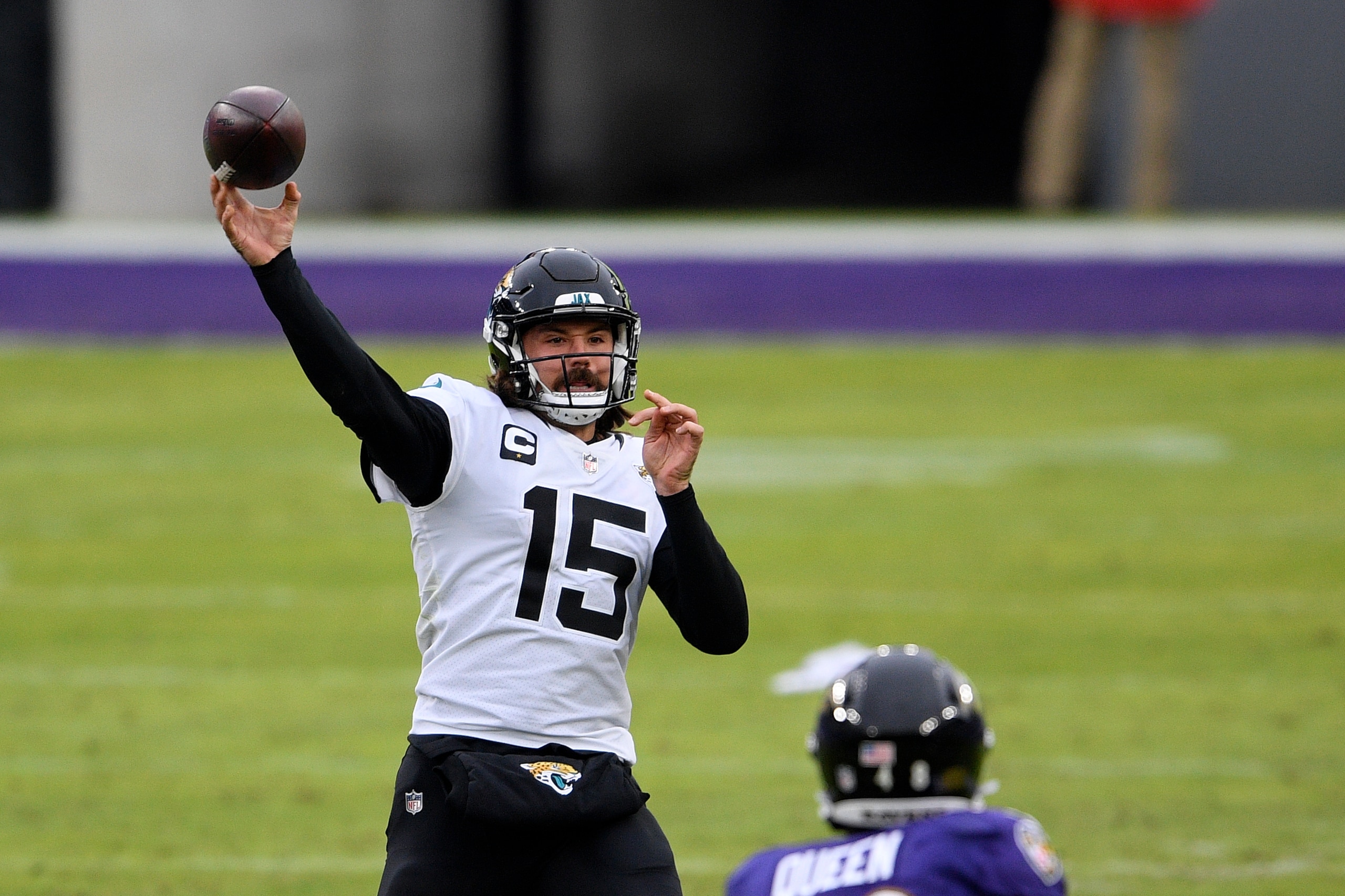 Jacksonville Jaguars quarterback Gardner Minshew II (15) passes during the second half of an NFL football game against the Baltimore Ravens, Sunday, Dec. 20, 2020, in Baltimore. (AP Photo/Nick Wass) Jacksonville Jaguars quarterback Gardner Minshew II (15) passes during the second half of an NFL football game against the Baltimore Ravens, Sunday, Dec. 20, 2020, in Baltimore. (AP Photo/Nick Wass)