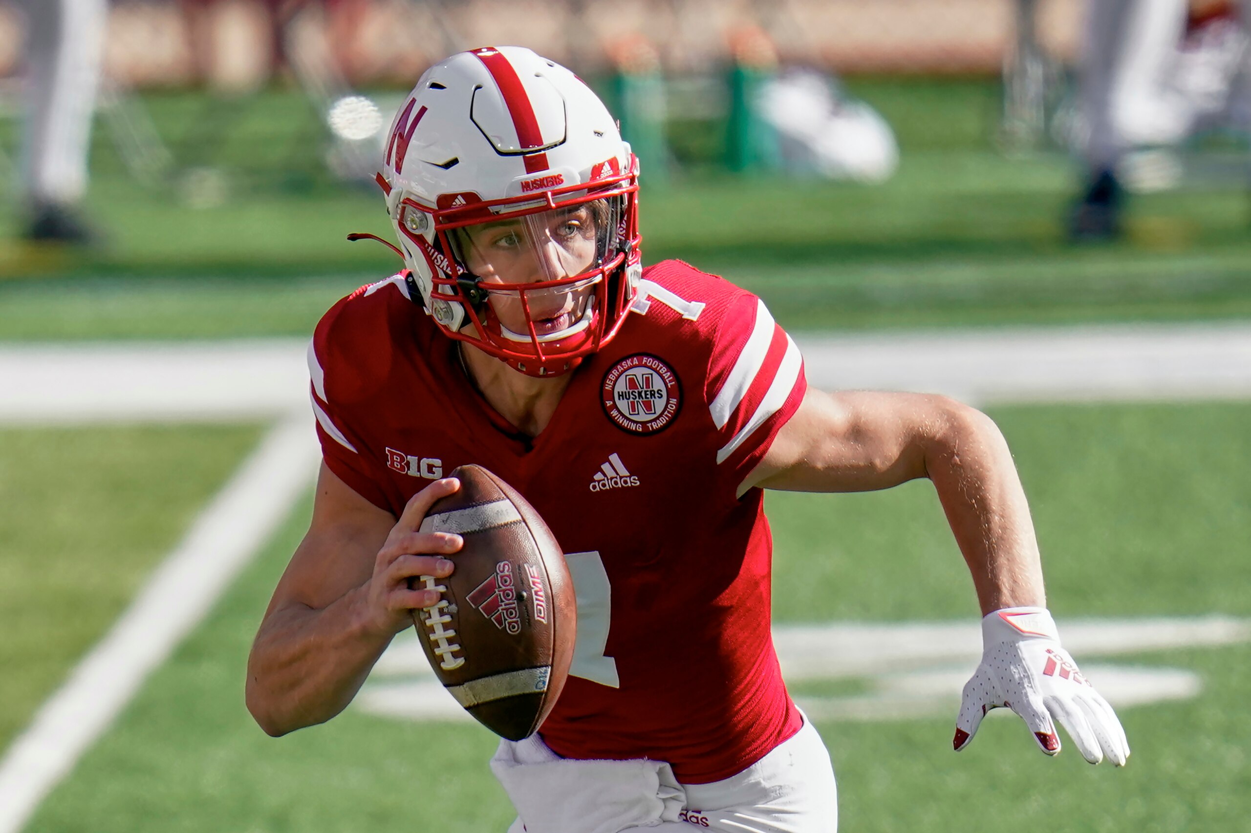Nebraska quarterback Luke McCaffrey (7) plays during the first half of an NCAA college football game against Penn State in Lincoln, Neb., Saturday, Nov. 14, 2020. Nebraska backup quarterback Luke McCaffrey has entered the transfer portal after starting two games and appearing in five others last season, the school's athletic department confirmed Tuesday, Jan. 26, 2021. (AP Photo/Nati Harnik)