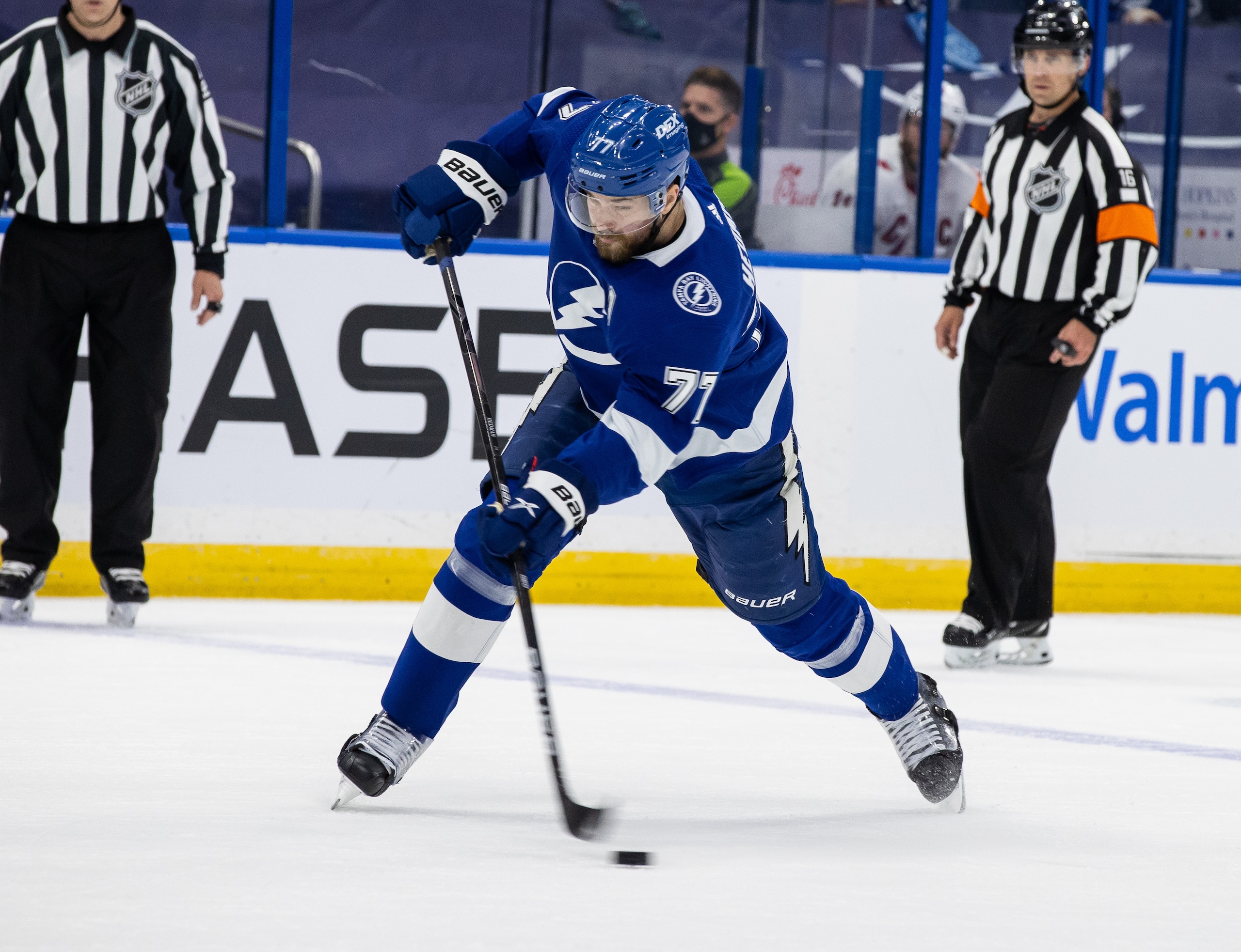 TAMPA, FL - June 5: Victor Hedman #77 of the Tampa Bay Lightning skates against the Carolina Hurricanes during the first period in Game Four of the Second Round of the 2021 Stanley Cup Playoffs at Amalie Arena on June 5, 2021 in Tampa, Florida. (Photo by Scott Audette/NHLI via Getty Images)