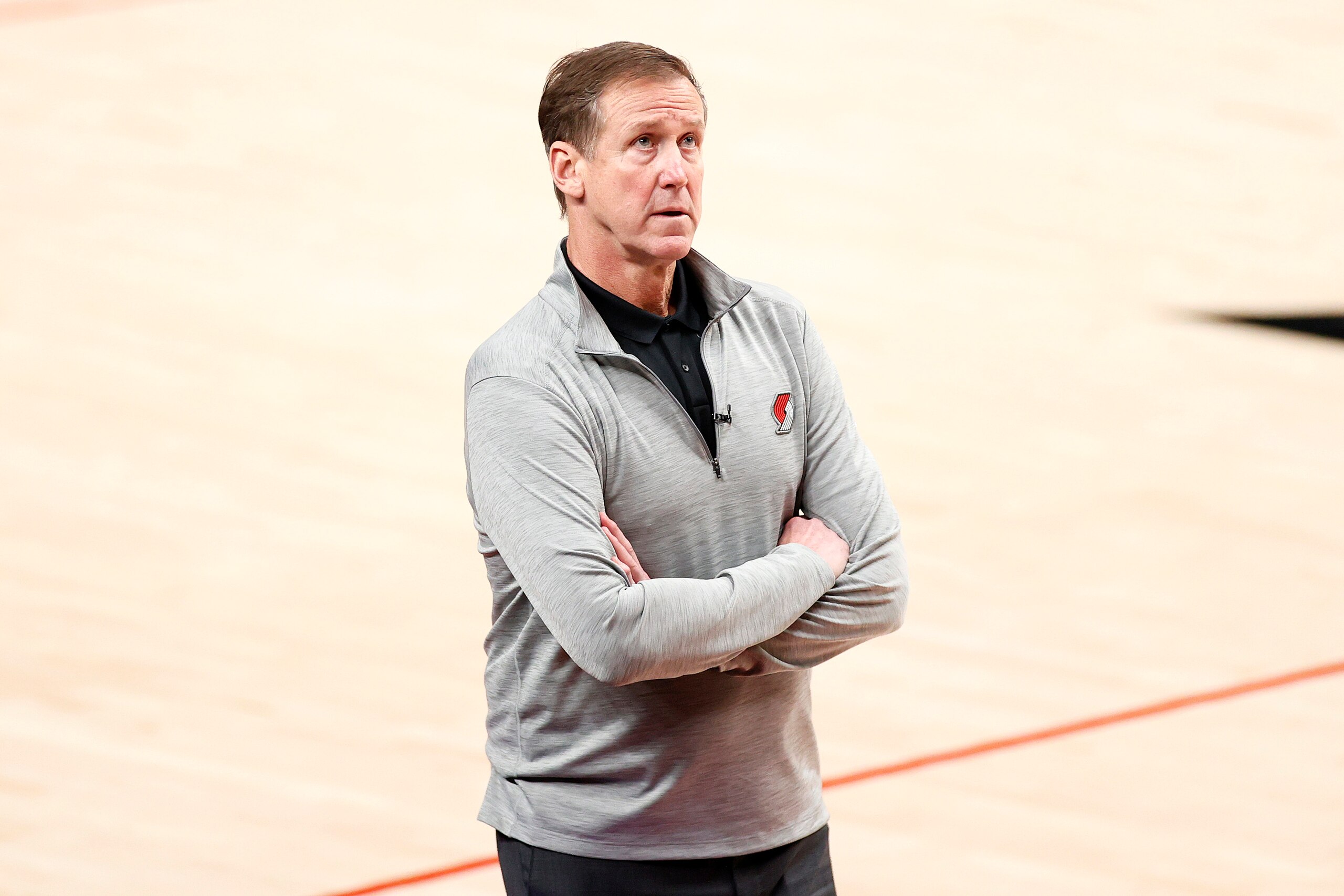 PORTLAND, OREGON - MAY 29: Head coach Terry Stotts of the Portland Trail Blazers looks on in the third quarter against the Denver Nuggets during Round 1, Game 4 of the 2021 NBA Playoffs at Moda Center on May 29, 2021 in Portland, Oregon. NOTE TO USER: User expressly acknowledges and agrees that, by downloading and or using this photograph, User is consenting to the terms and conditions of the Getty Images License Agreement. (Photo by Steph Chambers/Getty Images)
