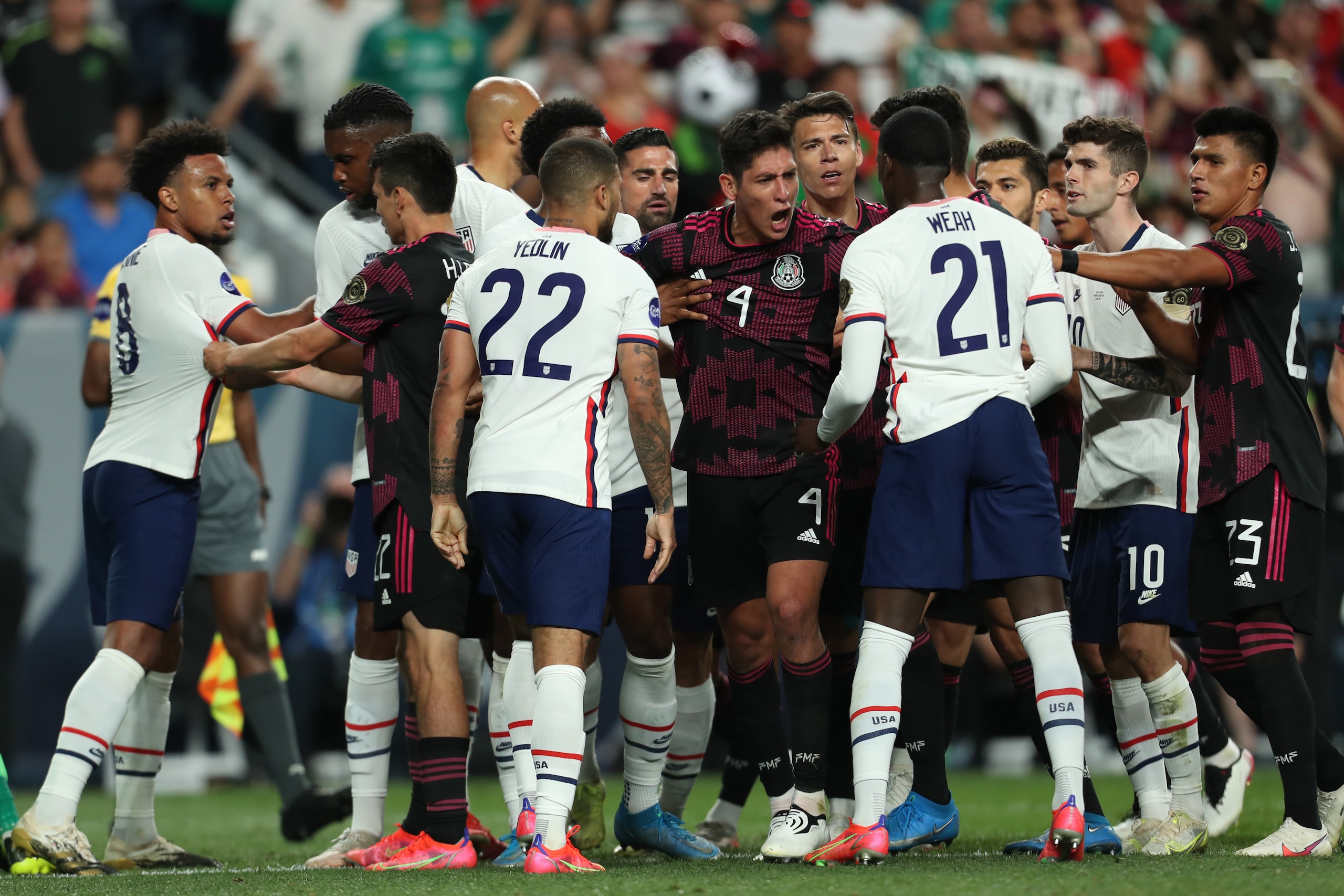 DENVER, CO - JUNE 06: Edson Alvarez # of Mexico and Players of United States argue during the CONCACAF Nations League Championship Final between United States and Mexico at Empower Field At Mile High on June 6, 2021 in Denver, Colorado. (Photo by Omar Vega/Getty Images) DENVER, CO - JUNE 06: Edson Alvarez # of Mexico and Players of United States argue during the CONCACAF Nations League Championship Final between United States and Mexico at Empower Field At Mile High on June 6, 2021 in Denver, Colorado. (Photo by Omar Vega/Getty Images)