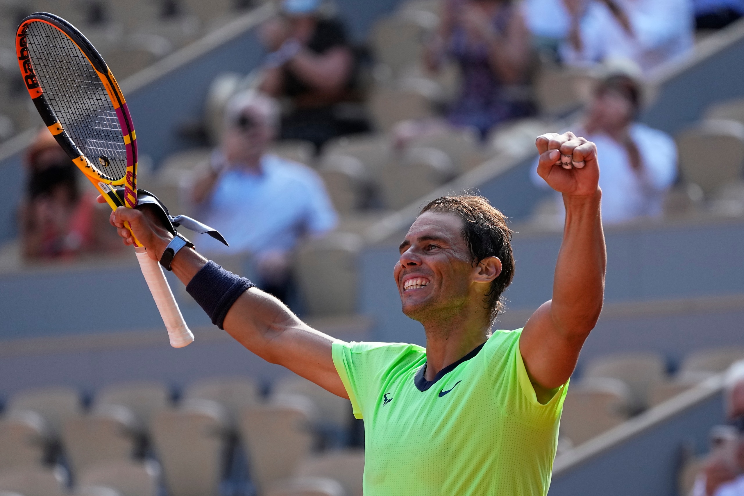 Spain's Rafael Nadal waves after defeating Argentina's Diego Schwartzman in their quarterfinal match of the French Open tennis tournament at the Roland Garros stadium Wednesday, June 9, 2021 in Paris. (AP Photo/Michel Euler)