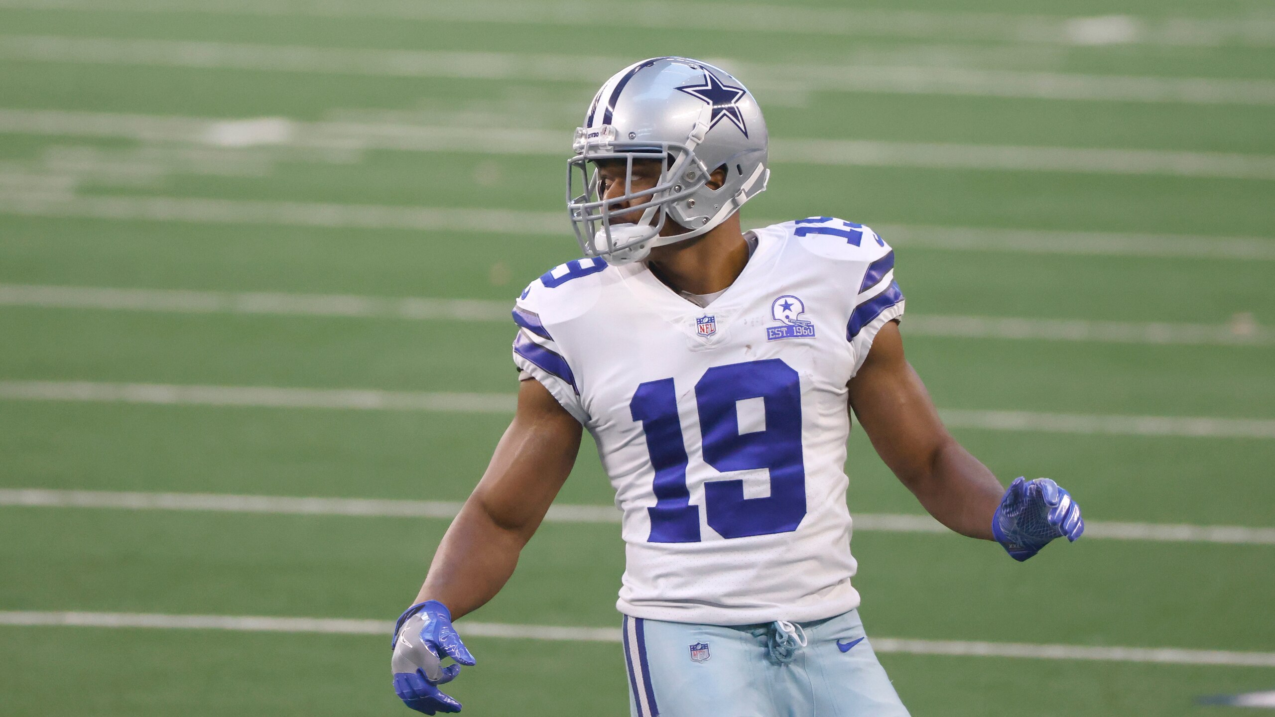 Dallas Cowboys wide receiver Amari Cooper (19) gets into position against the San Francisco 49ers during an NFL football game in Arlington, Texas, Sunday, Dec.20, 2020. (AP Photo/Ron Jenkins)