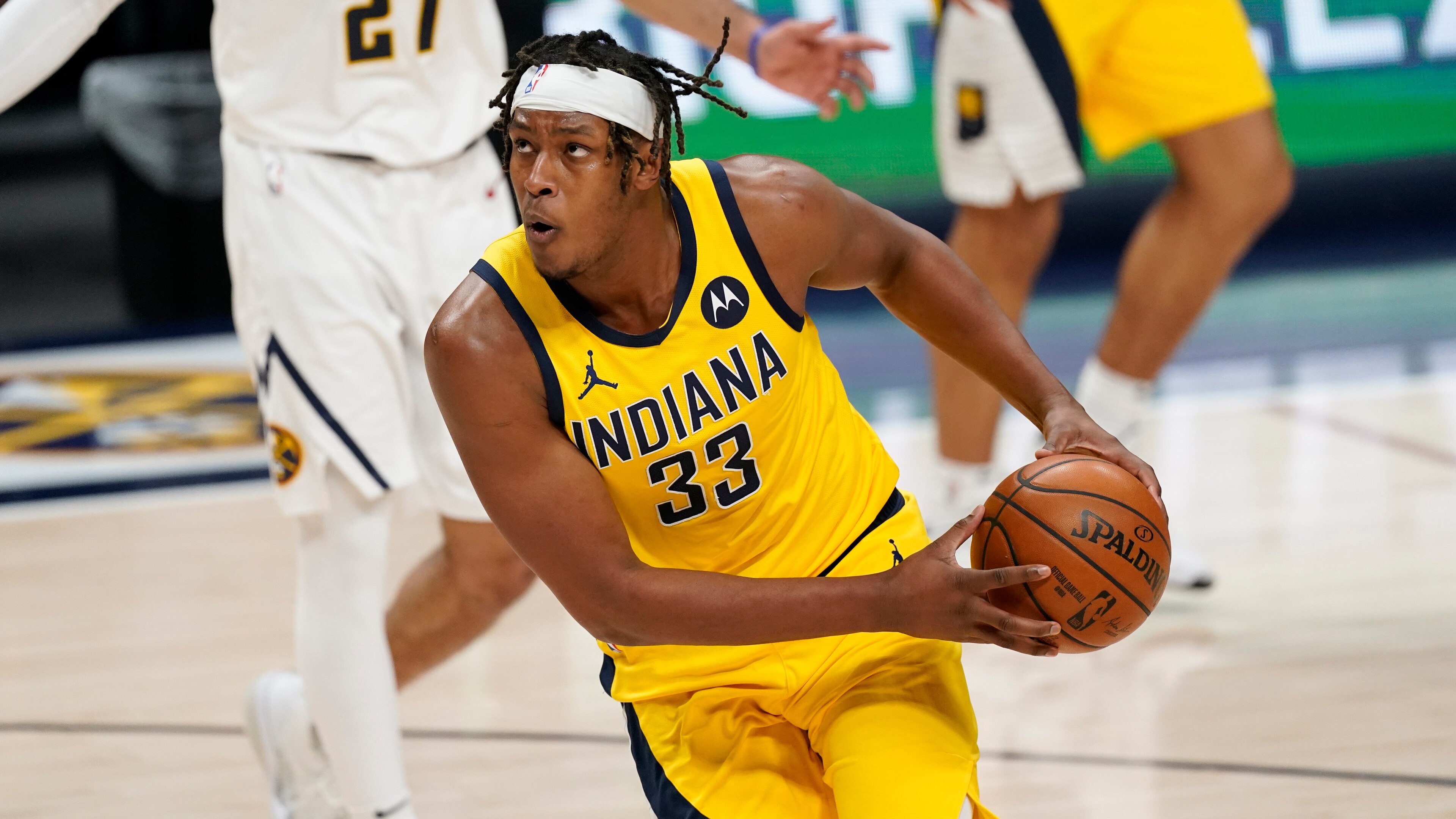 Indiana Pacers center Myles Turner (33) in the second half of an NBA basketball game Monday, March 15, 2021, in Denver. (AP Photo/David Zalubowski) Indiana Pacers center Myles Turner (33) in the second half of an NBA basketball game Monday, March 15, 2021, in Denver. (AP Photo/David Zalubowski)