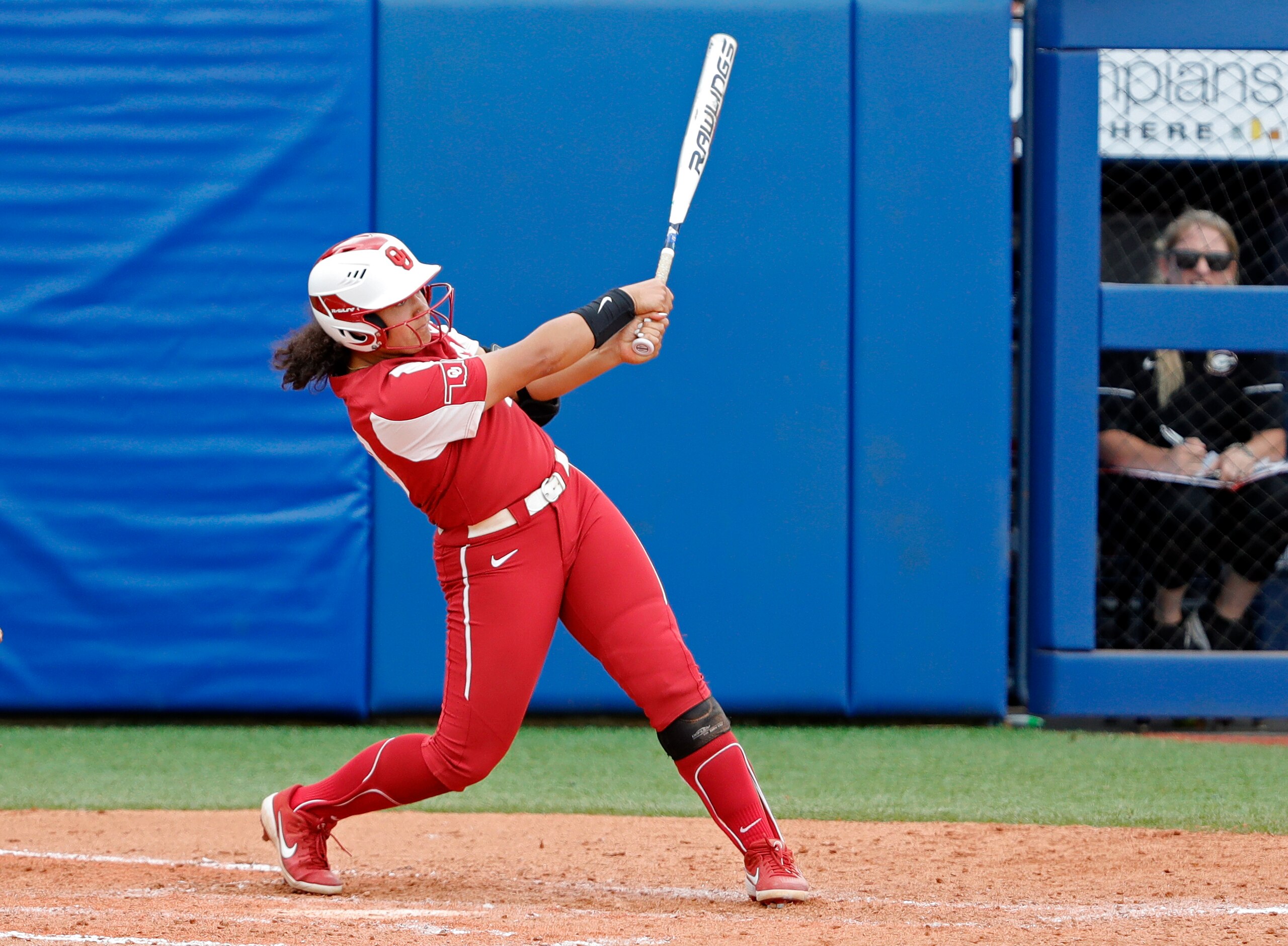 Oklahoma's Jocelyn Alo (78) hits a home run against Georgia during an NCAA Women's College World Series softball game against Georgia, Saturday, June 5, 2021, in Oklahoma City. (AP Photo/Alonzo Adams)
