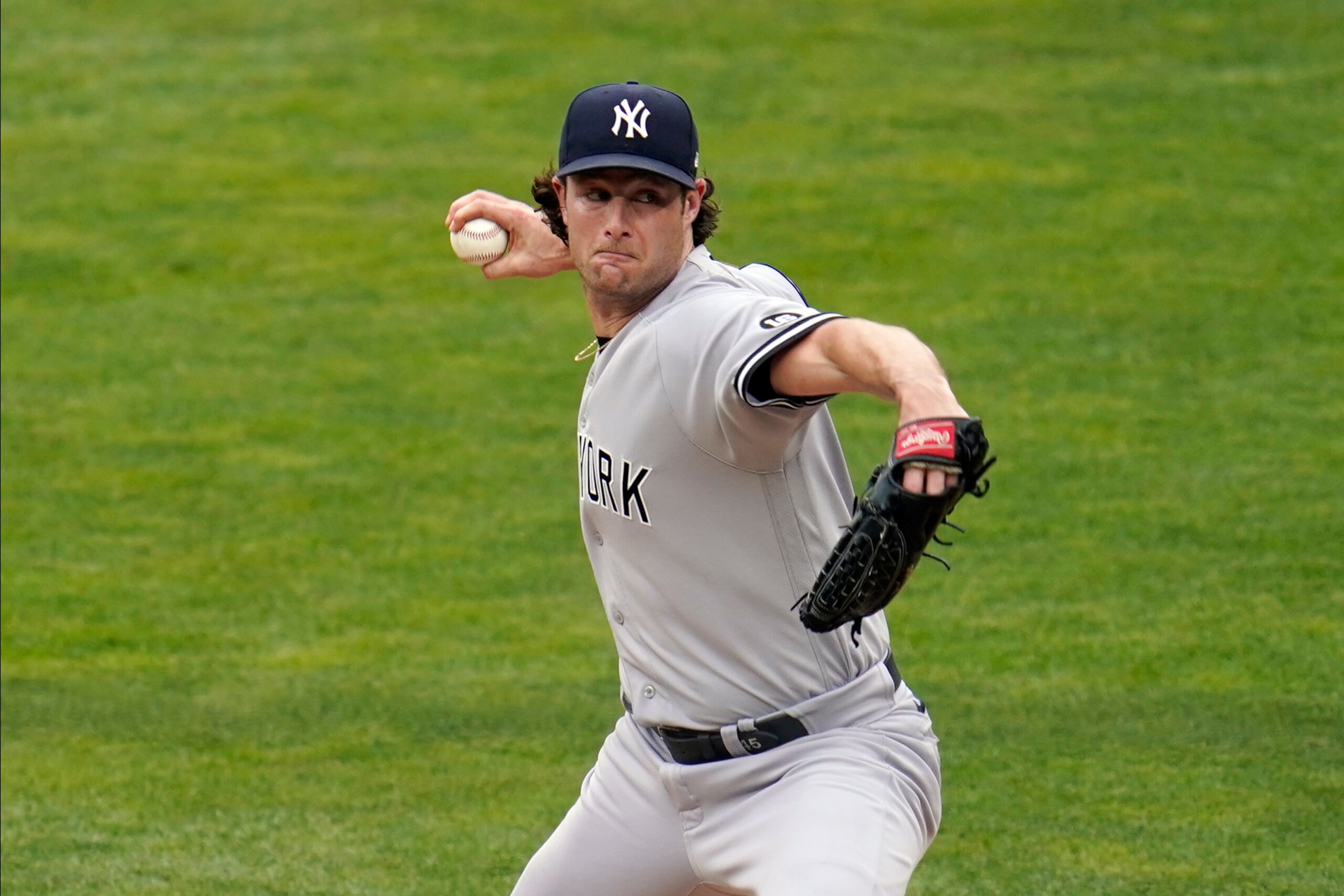 New York Yankees pitcher Gerrit Cole throws to a Minnesota Twins batter during the first inning of a baseball game Wednesday, June 9, 2021, in Minneapolis. (AP Photo/Jim Mone)