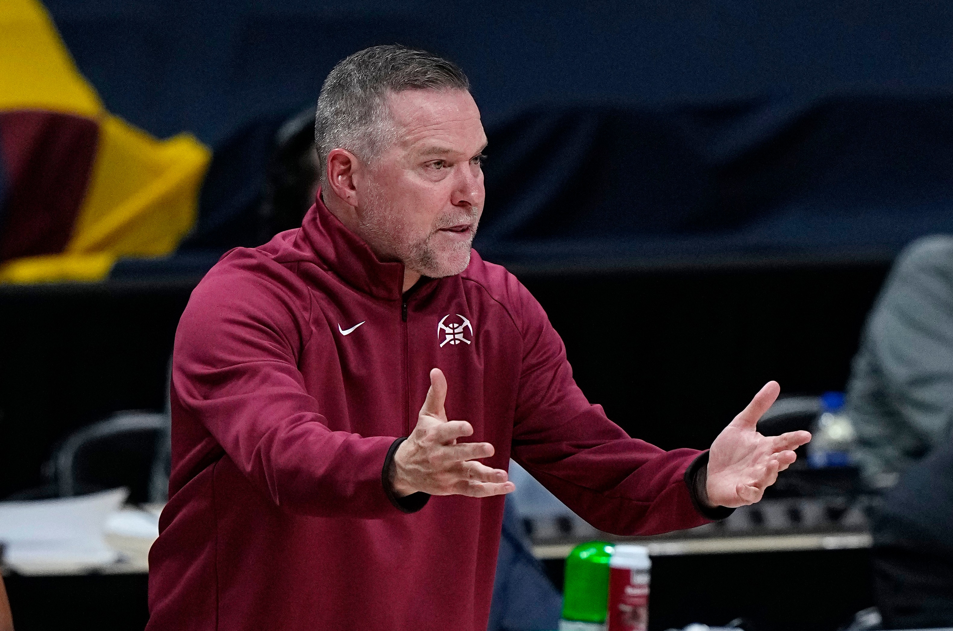 Denver Nuggets head coach Michael Malone reacts to a call against the Denver Nuggets in the first half of Game 5 of a first-round NBA basketball playoff series against the Portland Trail Blazers Tuesday, June 1, 2021, in Denver. (AP Photo/Jack Dempsey)