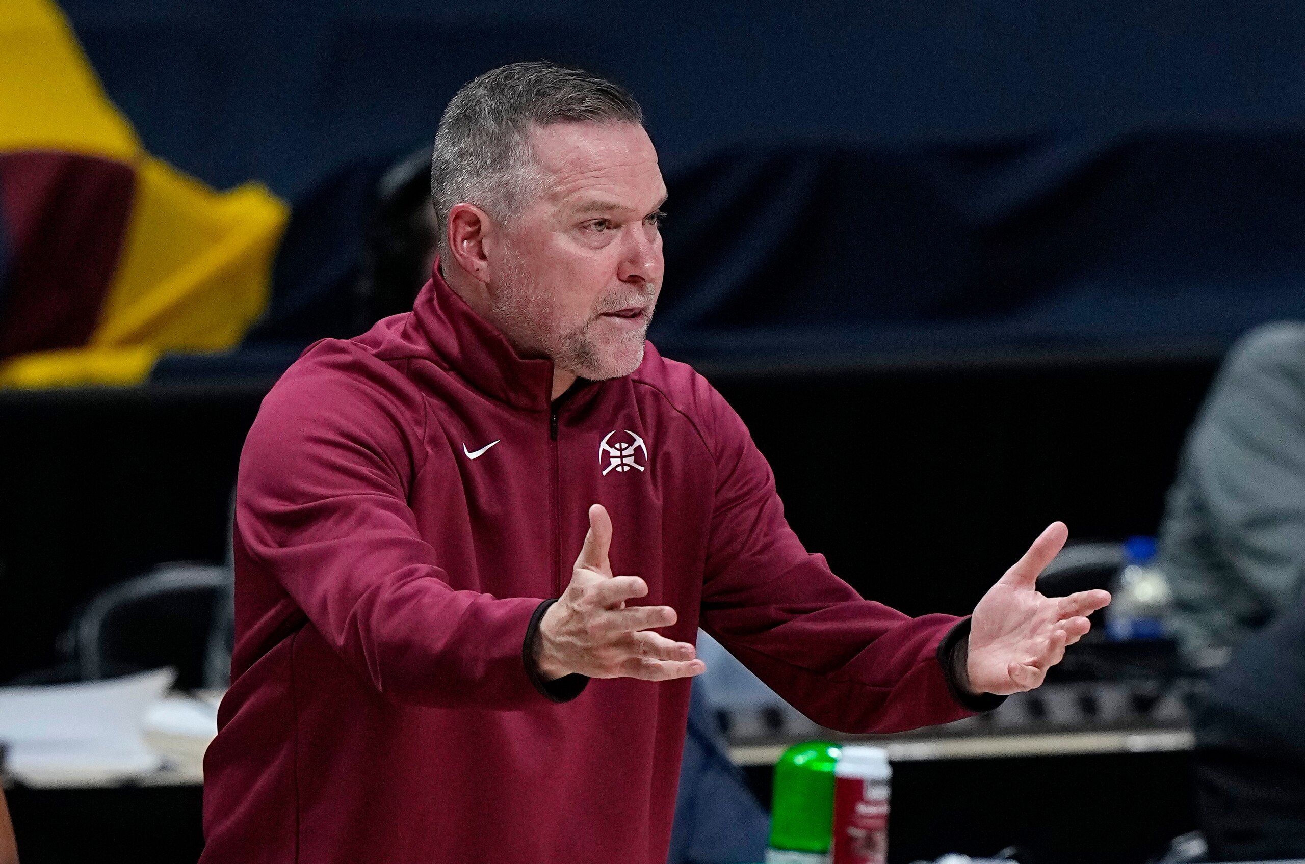 Denver Nuggets head coach Michael Malone reacts to a call against the Denver Nuggets in the first half of Game 5 of a first-round NBA basketball playoff series against the Portland Trail Blazers Tuesday, June 1, 2021, in Denver. (AP Photo/Jack Dempsey)