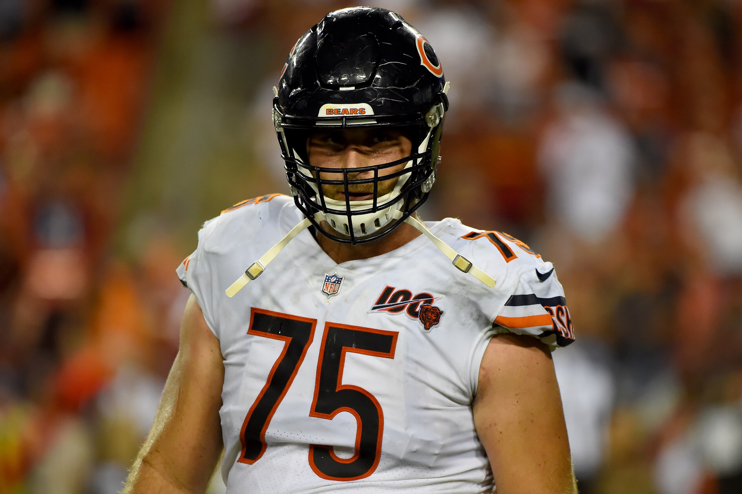 LANDOVER, MD - SEPTEMBER 23: Kyle Long #75 of the Chicago Bears looks on during the second half against the Washington Redskins at FedExField on September 23, 2019 in Landover, Maryland. (Photo by Will Newton/Getty Images)