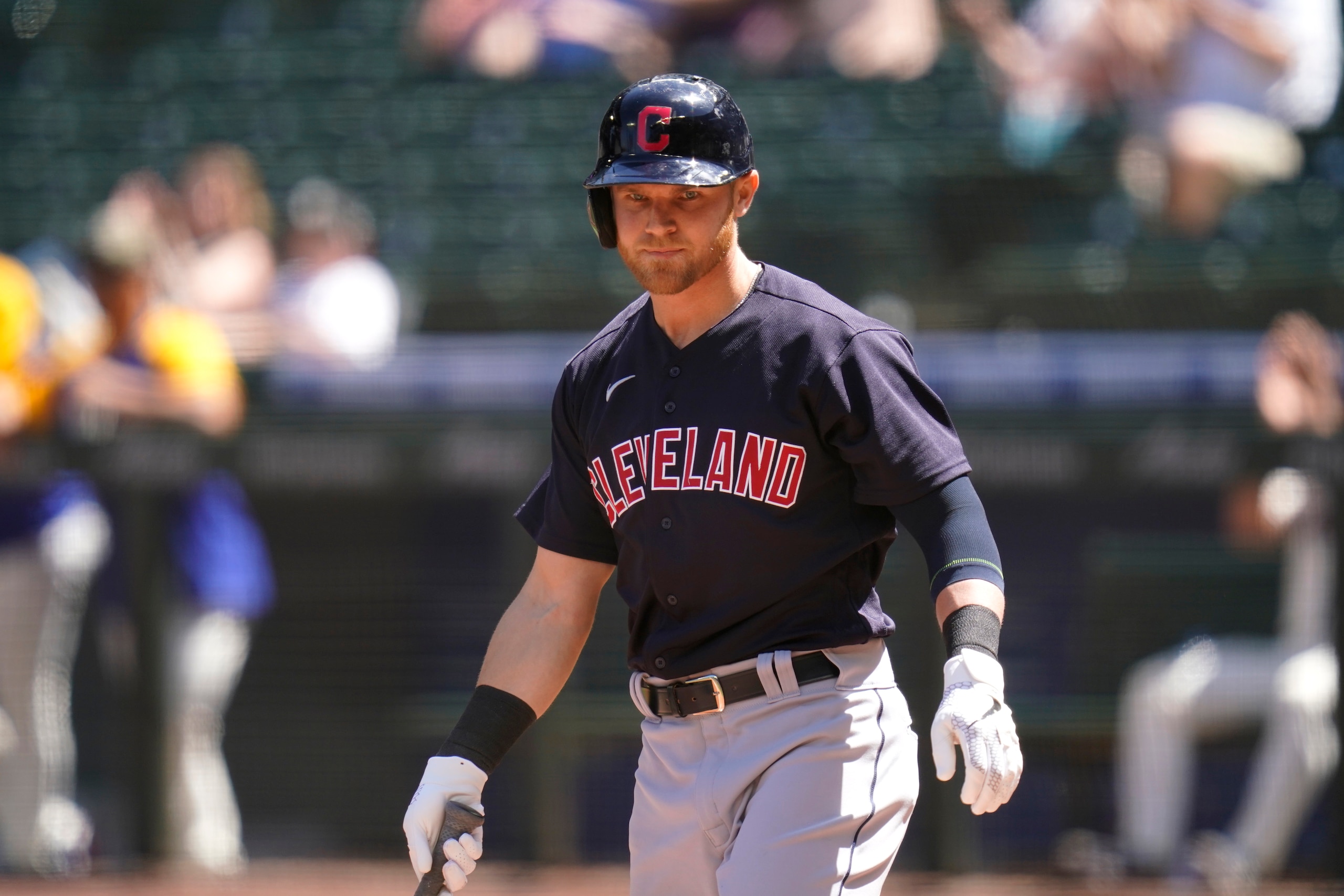 Cleveland Indians' Jake Bauers in action against the Seattle Mariners in a baseball game Sunday, May 16, 2021, in Seattle. (AP Photo/Elaine Thompson)