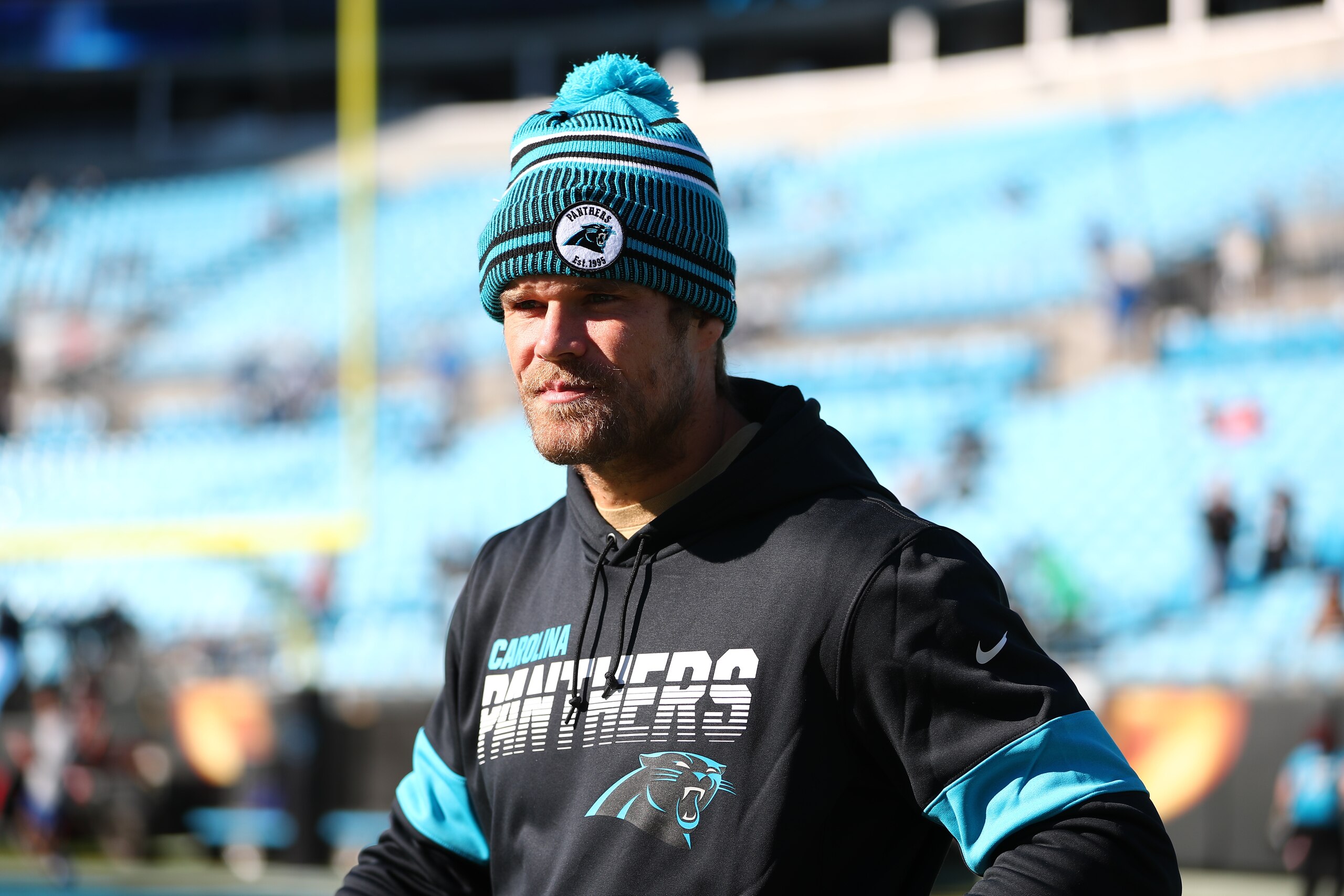 CHARLOTTE, NC - DECEMBER 15: Carolina Panthers tight end Greg Olsen (88) during the warmups of the Carolina Panthers versus the Seattle Seahawks on December 15, 2019, at Bank of America Stadium  in Charlotte, NC. (Photo by Jaylynn Nash/Icon Sportswire via Getty Images)