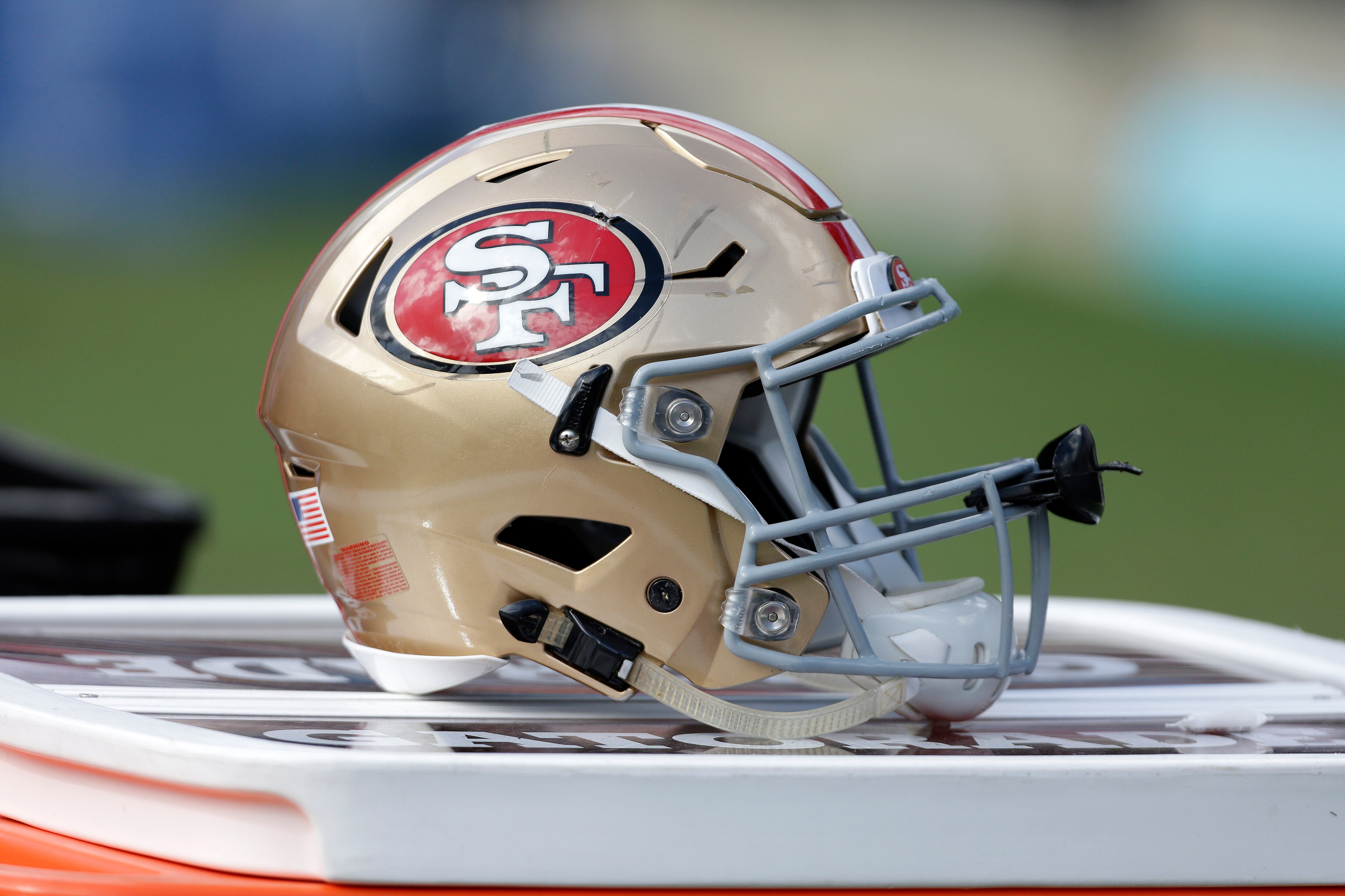 A san Francisco 49ers helmet sits in the bench area against the Carolina Panthers during the second half of an NFL football game in Charlotte, N.C., Sunday, Sept. 18, 2016. The Panthers won 46-27.  (AP Photo/Bob Leverone)