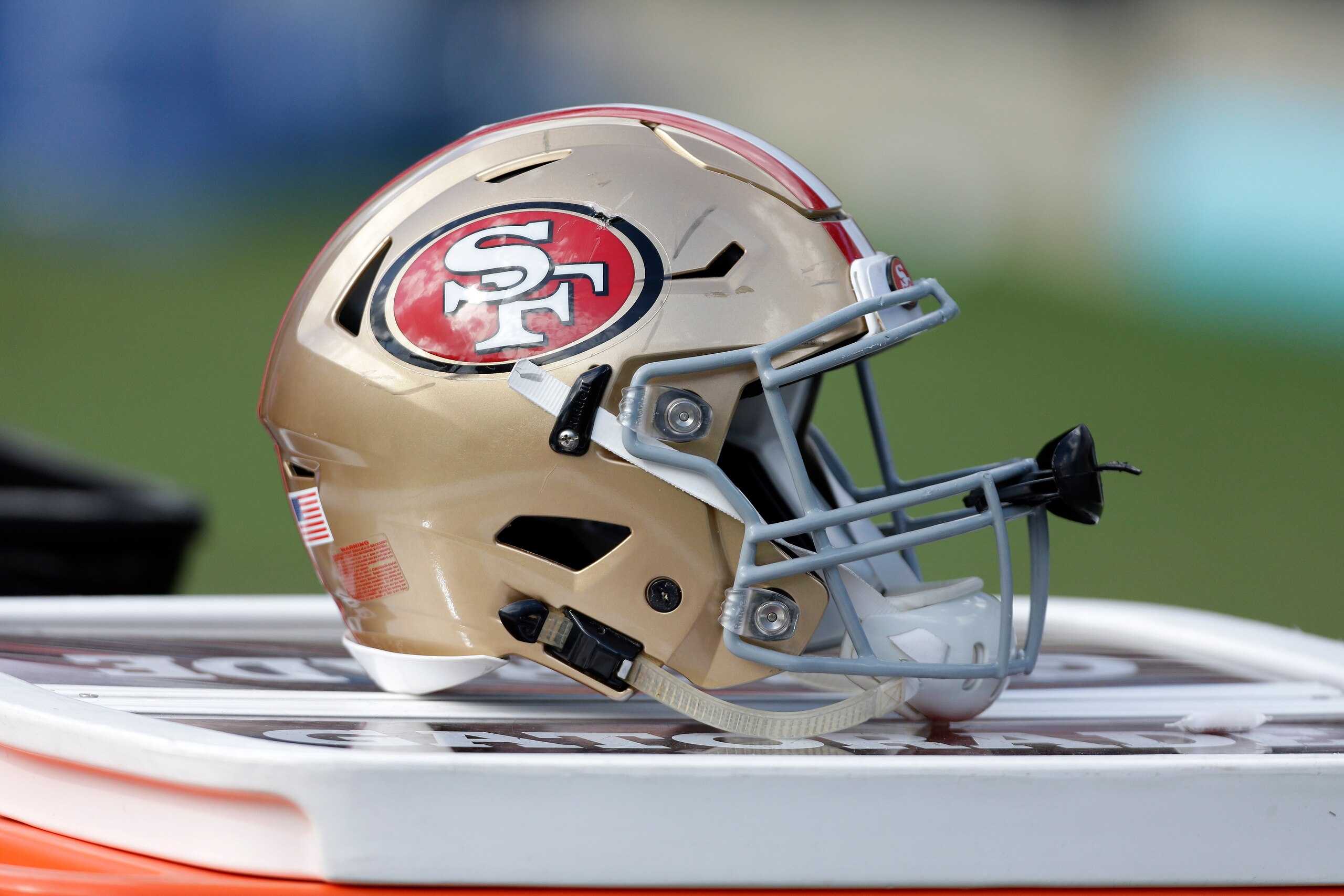 A san Francisco 49ers helmet sits in the bench area against the Carolina Panthers during the second half of an NFL football game in Charlotte, N.C., Sunday, Sept. 18, 2016. The Panthers won 46-27.  (AP Photo/Bob Leverone)