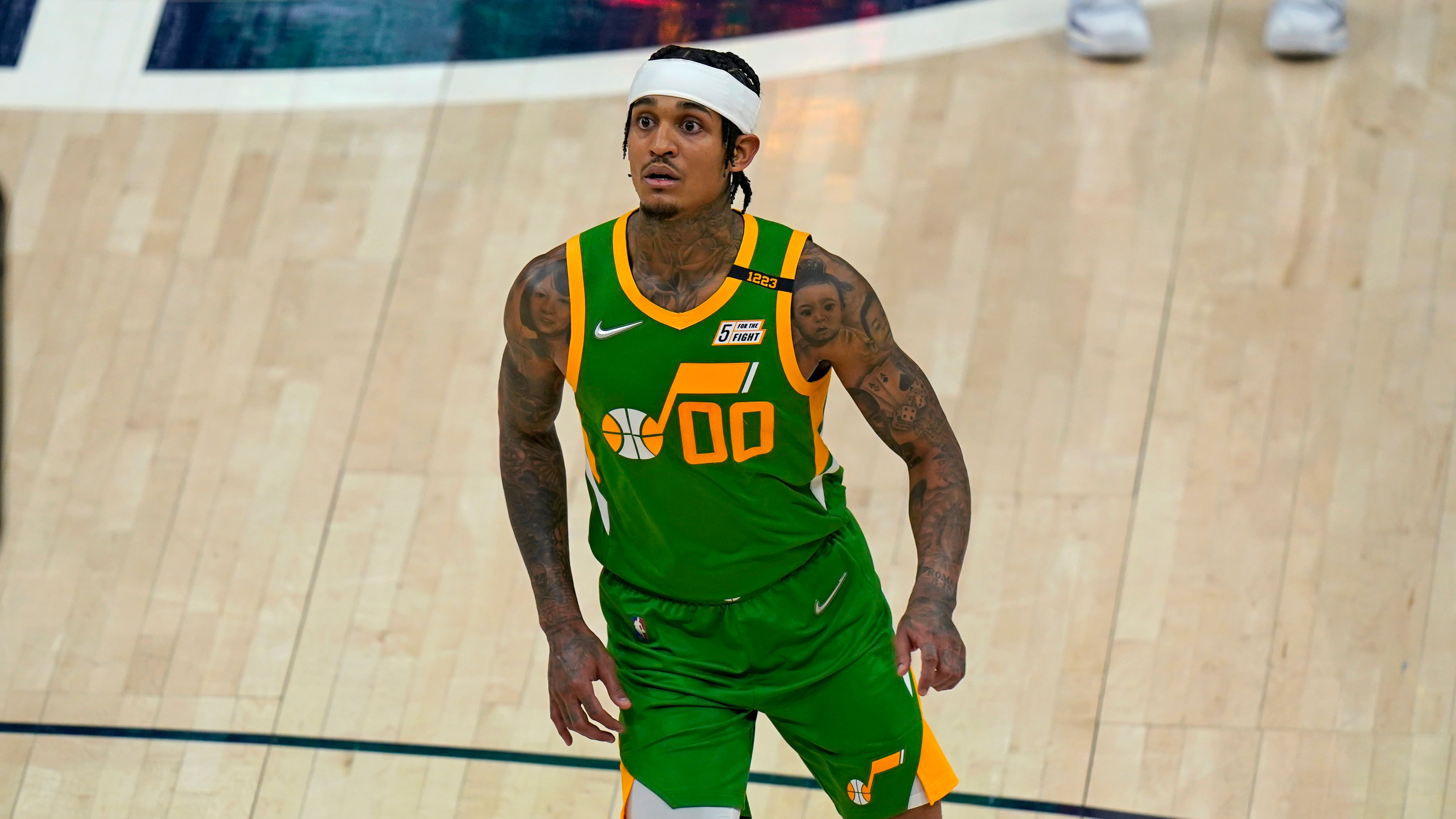 Utah Jazz guard Jordan Clarkson (00) looks on in the second half during an NBA basketball game against the Denver Nuggets Friday, May 7, 2021, in Salt Lake City. (AP Photo/Rick Bowmer)