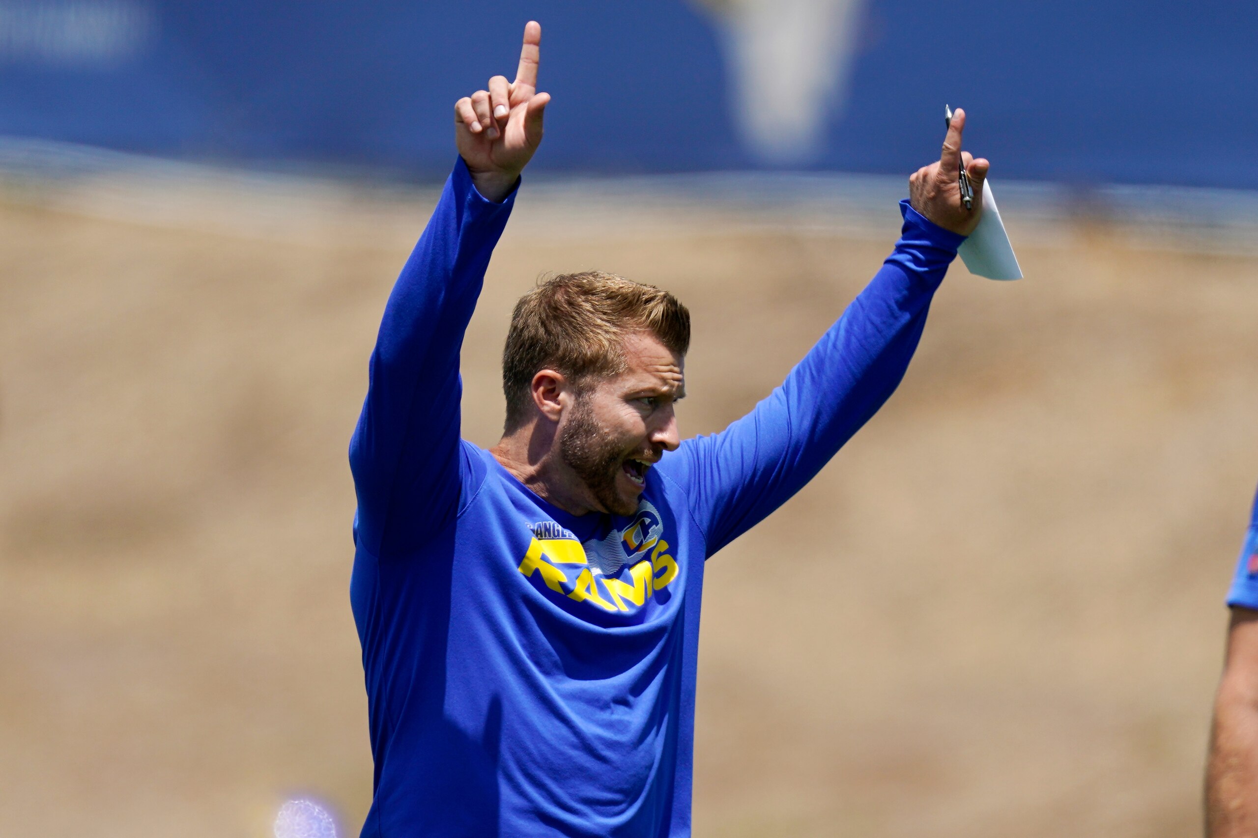 Los Angeles Rams head coach Sean McVay gestures during an NFL football practice Tuesday, June 8, 2021, in Thousand Oaks, Calif. (AP Photo/Mark J. Terrill) Los Angeles Rams head coach Sean McVay gestures during an NFL football practice Tuesday, June 8, 2021, in Thousand Oaks, Calif. (AP Photo/Mark J. Terrill)