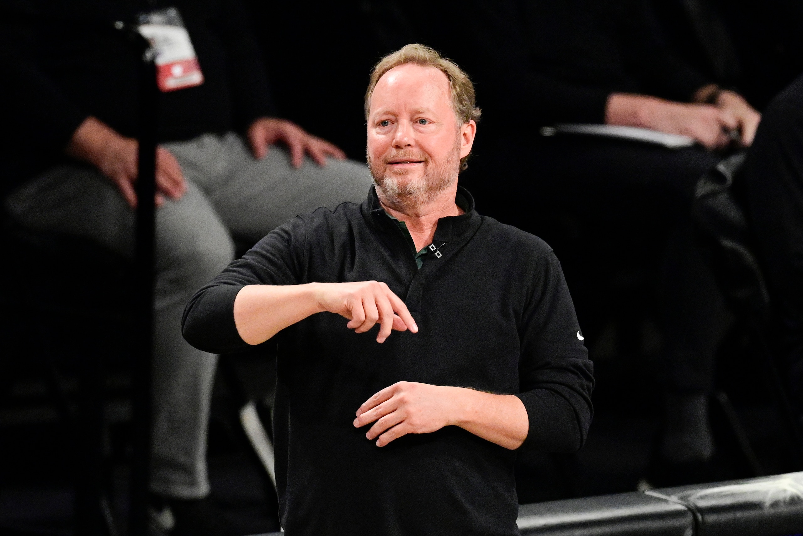 NEW YORK, NEW YORK - JUNE 07:  Head coach Mike Budenholzer of the Milwaukee Bucks instructs his team against the Brooklyn Nets in Game Two of the Second Round of the 2021 NBA Playoffs at Barclays Center on June 07, 2021 in New York City. NOTE TO USER: User expressly acknowledges and agrees that, by downloading and or using this photograph, User is consenting to the terms and conditions of the Getty Images License Agreement. (Photo by Steven Ryan/Getty Images)