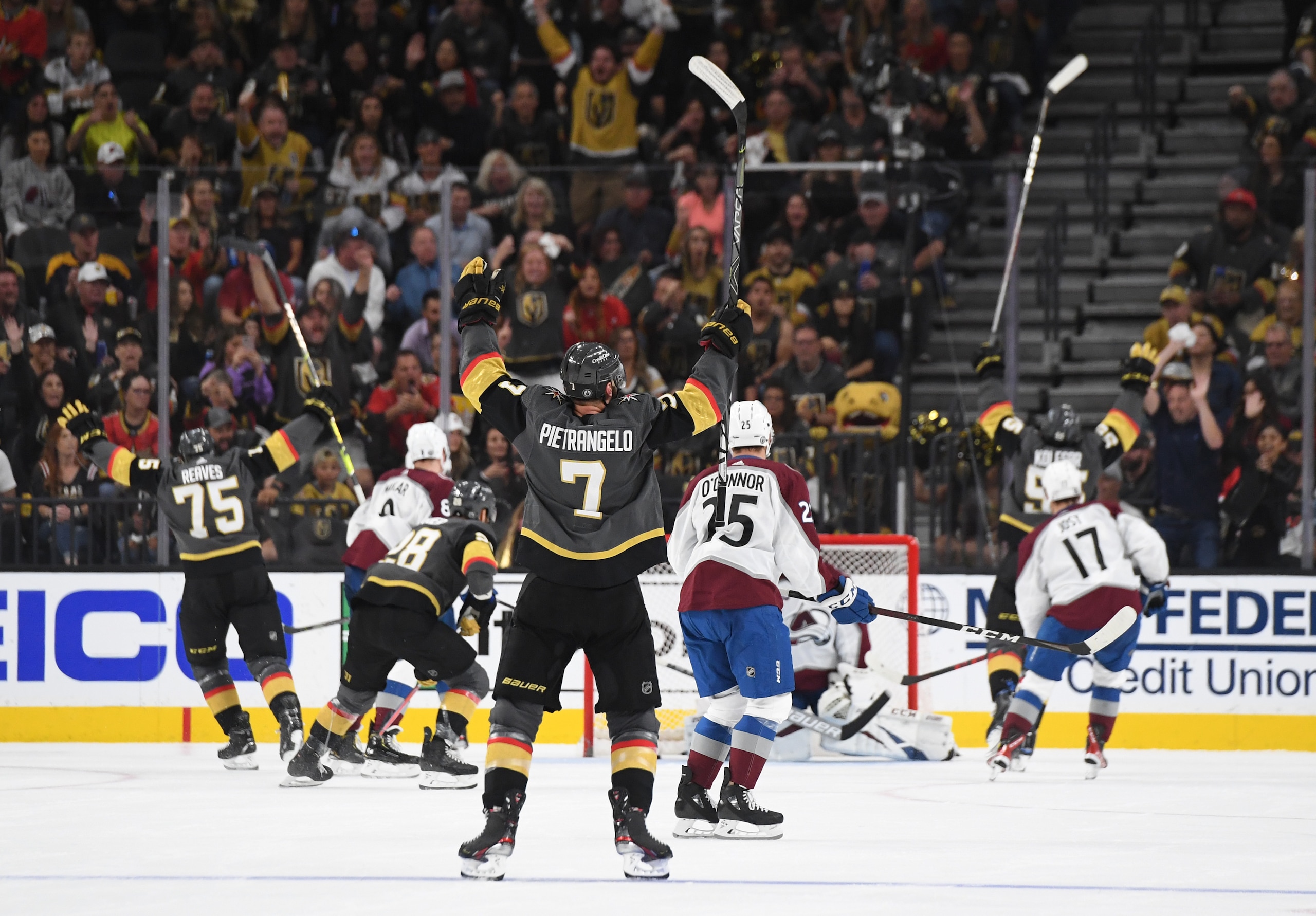 LAS VEGAS, NEVADA - JUNE 10: The Vegas Golden Knights celebrate after a goal by Keegan Kolesar #55 during the second period against the Colorado Avalanche in Game Six of the Second Round of the 2021 Stanley Cup Playoffs at T-Mobile Arena on June 10, 2021 in Las Vegas, Nevada. (Photo by David Becker/NHLI via Getty Images) LAS VEGAS, NEVADA - JUNE 10: The Vegas Golden Knights celebrate after a goal by Keegan Kolesar #55 during the second period against the Colorado Avalanche in Game Six of the Second Round of the 2021 Stanley Cup Playoffs at T-Mobile Arena on June 10, 2021 in Las Vegas, Nevada. (Photo by David Becker/NHLI via Getty Images)