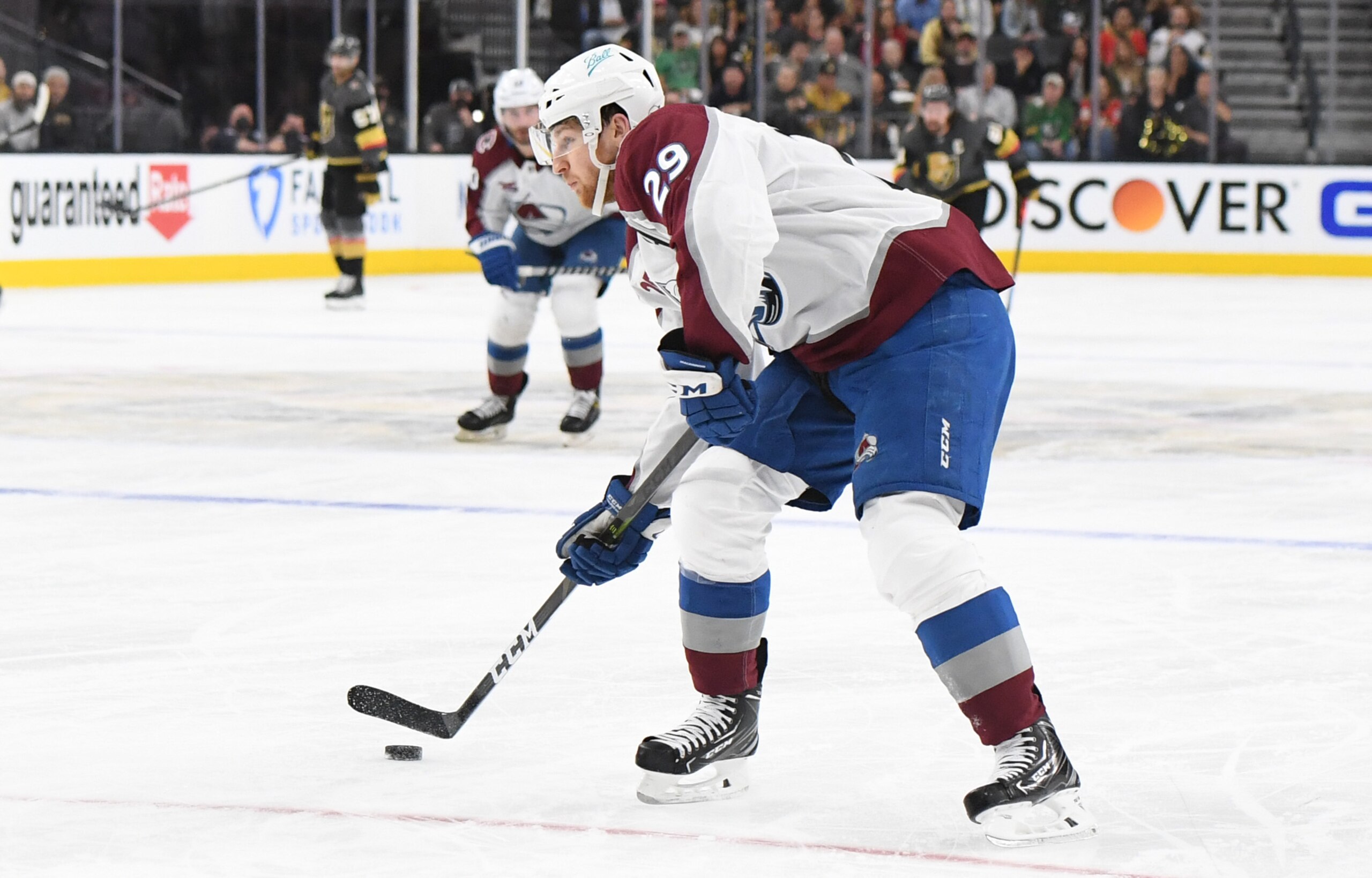 LAS VEGAS, NEVADA - JUNE 10: Nathan MacKinnon #29 of the Colorado Avalanche skates during the second period against the Vegas Golden Knights in Game Six of the Second Round of the 2021 Stanley Cup Playoffs at T-Mobile Arena on June 10, 2021 in Las Vegas, Nevada. (Photo by David Becker/NHLI via Getty Images)