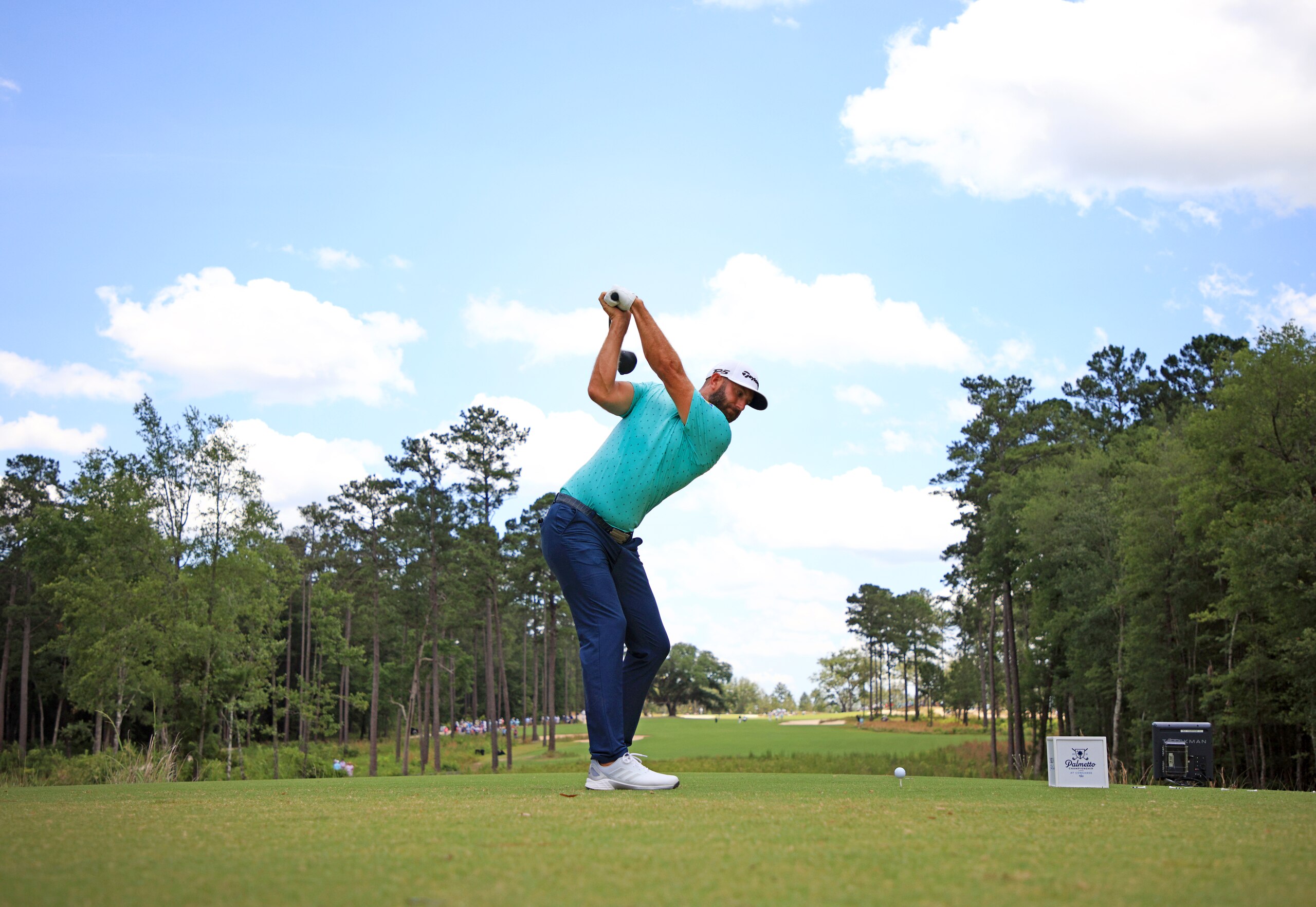 RIDGELAND, SOUTH CAROLINA - JUNE 11: Dustin Johnson plays his shot from the second tee during the second round of the Palmetto Championship at Congaree on June 11, 2021 in Ridgeland, South Carolina. (Photo by Mike Ehrmann/Getty Images)