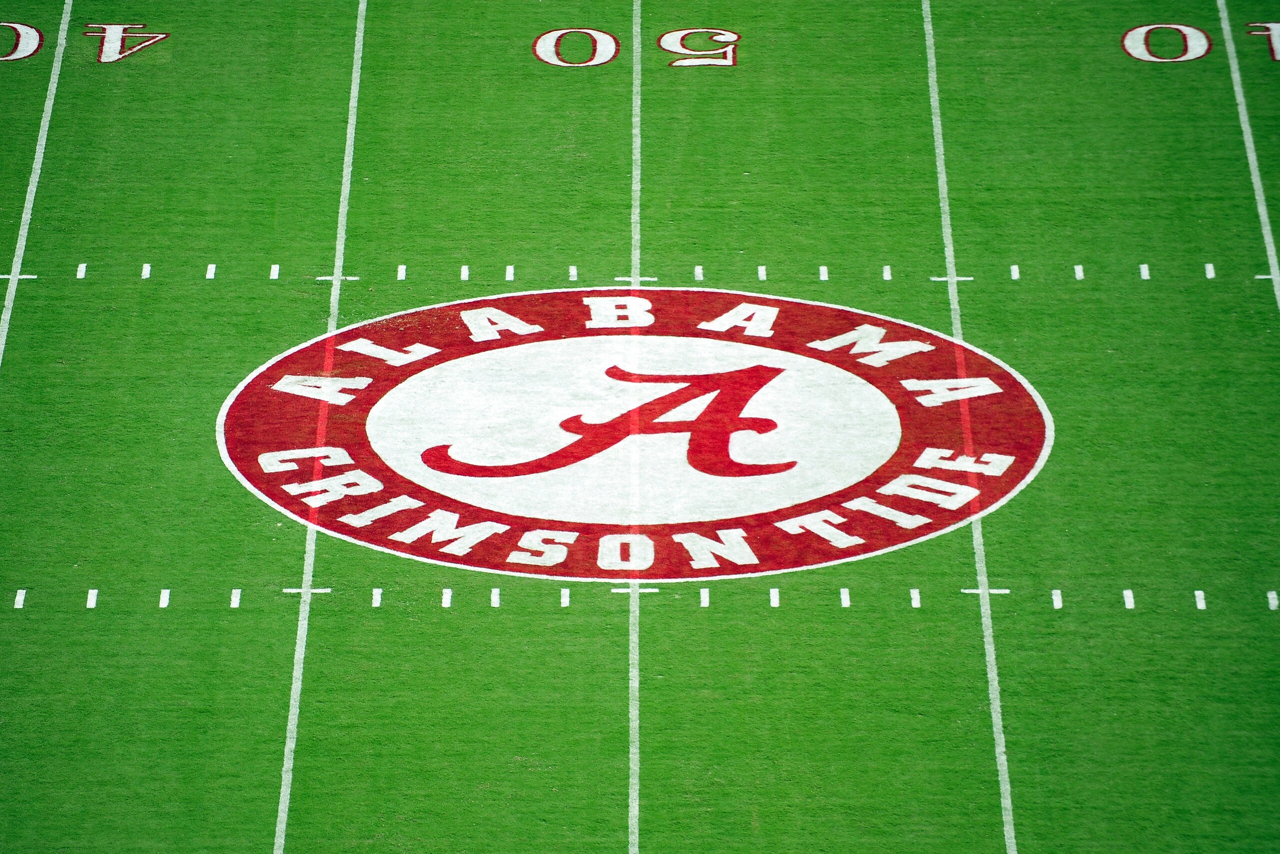 TUSCALOOSA, AL - SEPTEMBER 08: A general view of the Alabama logo at midfield during a game between the Western Kentucky Hilltoppers and the Alabama Crimson Tide on September 8, 2012 in Tuscaloosa, Alabama. The Crimson Tide defeated the Hilltoppers 35-0. (Photo by Lance King/Replay Photos via Getty Images)