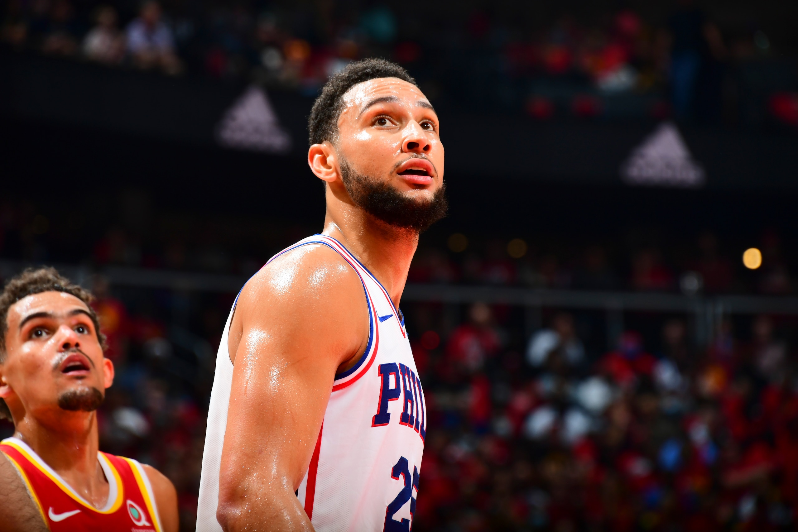 ATLANTA, GA - JUNE 11: Ben Simmons #25 of the Philadelphia 76ers looks on during the game against the Atlanta Hawks during Round 2, Game 3 of the Eastern Conference Playoffs  on June 11, 2021 at State Farm Arena in Atlanta, Georgia.  NOTE TO USER: User expressly acknowledges and agrees that, by downloading and/or using this Photograph, user is consenting to the terms and conditions of the Getty Images License Agreement. Mandatory Copyright Notice: Copyright 2021 NBAE (Photo by Scott Cunningham/NBAE via Getty Images)