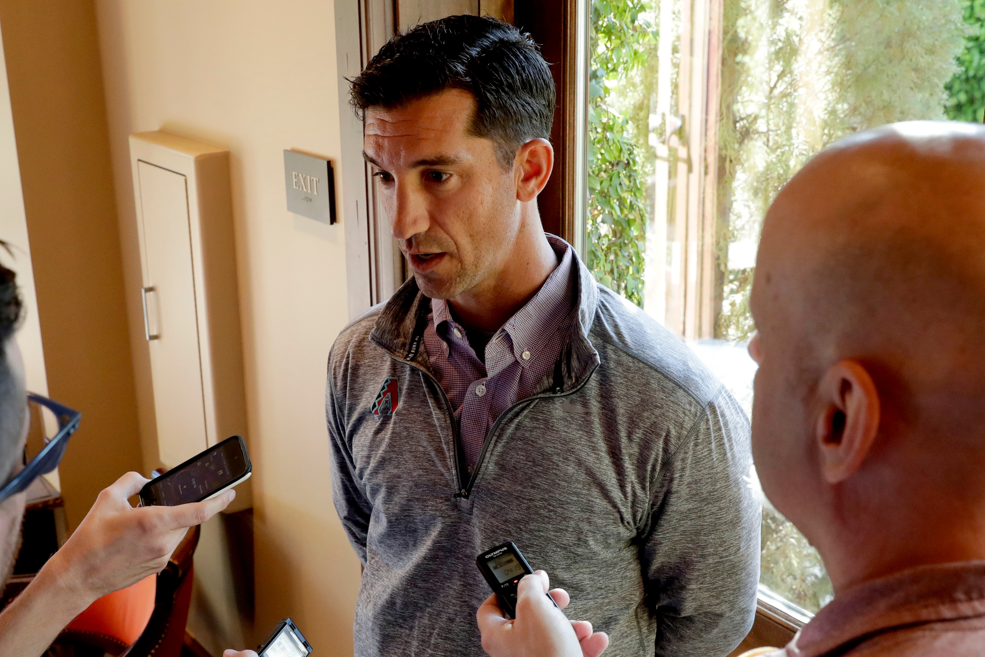 Arizona Diamondbacks general manager Mike Hazen speaks during a media availability during the Major League Baseball general managers annual meetings, Tuesday, Nov. 12, 2019, in Scottsdale, Ariz. (AP Photo/Matt York)