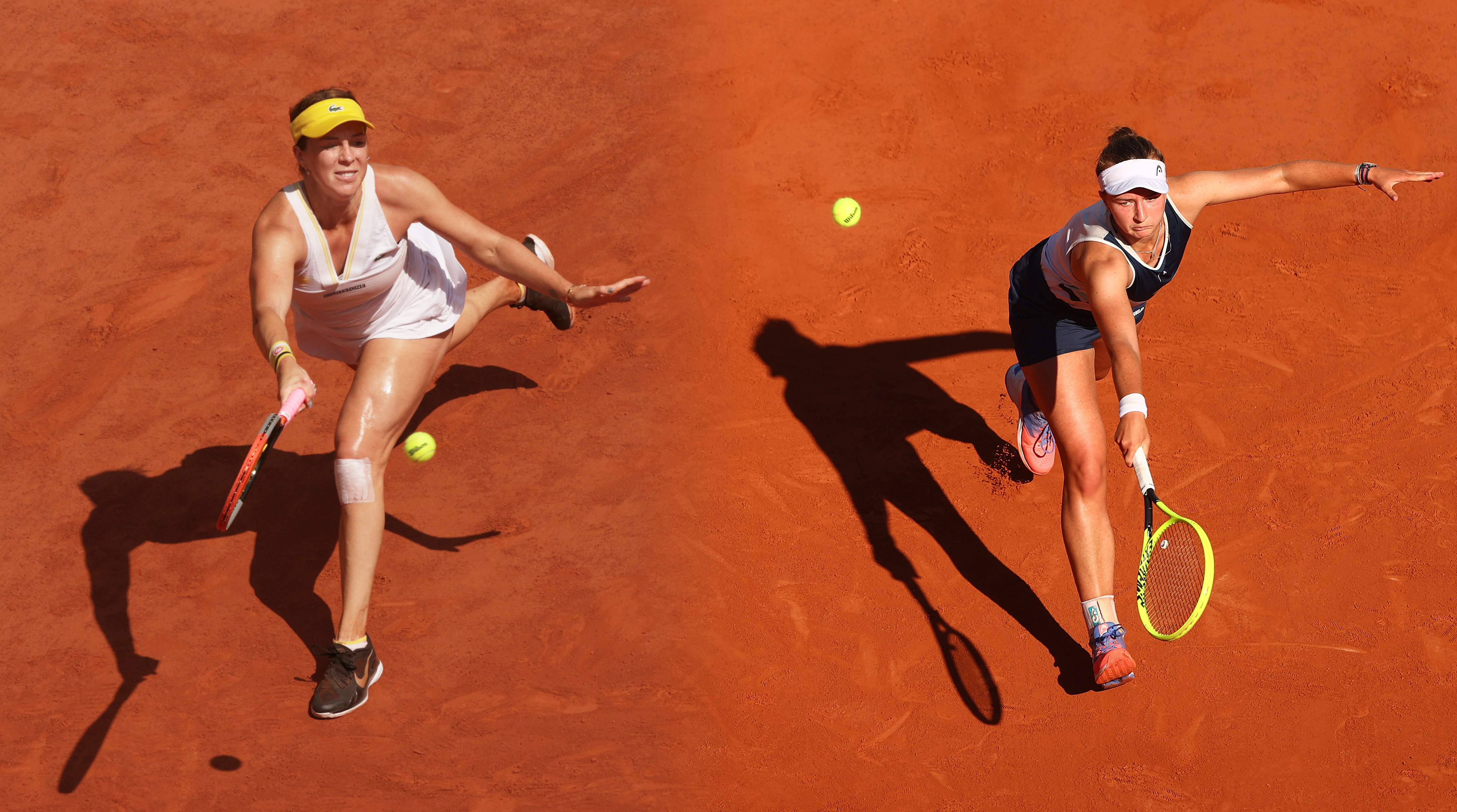 FILE PHOTO (EDITORS NOTE: COMPOSITE OF IMAGES - Image numbers 1322861461, 1322882410 - GRADIENT ADDED) In this composite image a comparison has been made between Anastasia Pavlyuchenkova of Russia (L) and Barbora Krejcikova of Czech Republic. They will meet in the 2021 French Open Women’s Singles Final on June 12,2021 at Roland Garros in Paris, France. ***LEFT IMAGE*** PARIS, FRANCE - JUNE 10: Anastasia Pavlyuchenkova of Russia stretches to play a forehand in her Semi-Final Women's Singles match against Tamara Zidansek of Slovenia during Day Twelve of the 2021 French Open at Roland Garros on June 10, 2021 in Paris, France. (Photo by Adam Pretty/Getty Images) ***RIGHT IMAGE*** PARIS, FRANCE - JUNE 10: Barbora Krejcikova of The Czech Republic stretches to play a backhand in her Semi-Final Women's Singles match against Maria Sakkari of Greece during Day Twelve of the 2021 French Open at Roland Garros on June 10, 2021 in Paris, France. (Photo by Julian Finney/Getty Images)