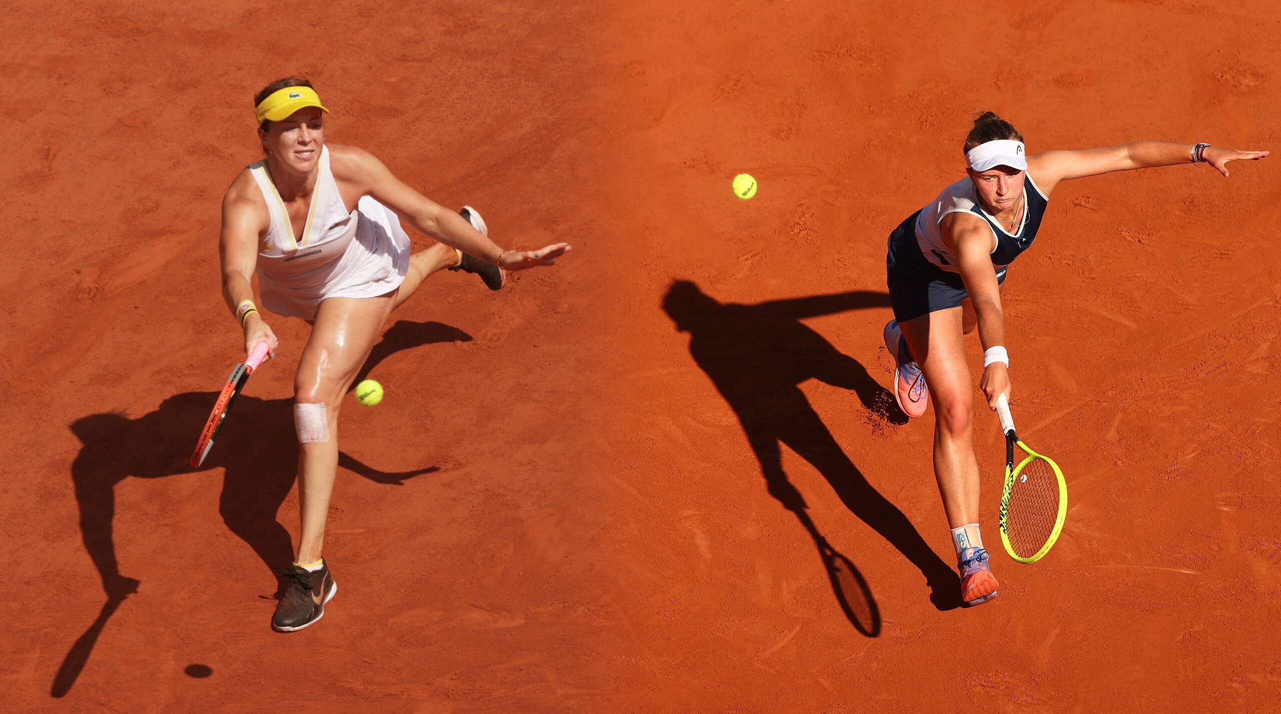 FILE PHOTO (EDITORS NOTE: COMPOSITE OF IMAGES - Image numbers 1322861461, 1322882410 - GRADIENT ADDED) In this composite image a comparison has been made between Anastasia Pavlyuchenkova of Russia (L) and Barbora Krejcikova of Czech Republic. They will meet in the 2021 French Open Women’s Singles Final on June 12,2021 at Roland Garros in Paris, France. ***LEFT IMAGE*** PARIS, FRANCE - JUNE 10: Anastasia Pavlyuchenkova of Russia stretches to play a forehand in her Semi-Final Women's Singles match against Tamara Zidansek of Slovenia during Day Twelve of the 2021 French Open at Roland Garros on June 10, 2021 in Paris, France. (Photo by Adam Pretty/Getty Images) ***RIGHT IMAGE*** PARIS, FRANCE - JUNE 10: Barbora Krejcikova of The Czech Republic stretches to play a backhand in her Semi-Final Women's Singles match against Maria Sakkari of Greece during Day Twelve of the 2021 French Open at Roland Garros on June 10, 2021 in Paris, France. (Photo by Julian Finney/Getty Images)