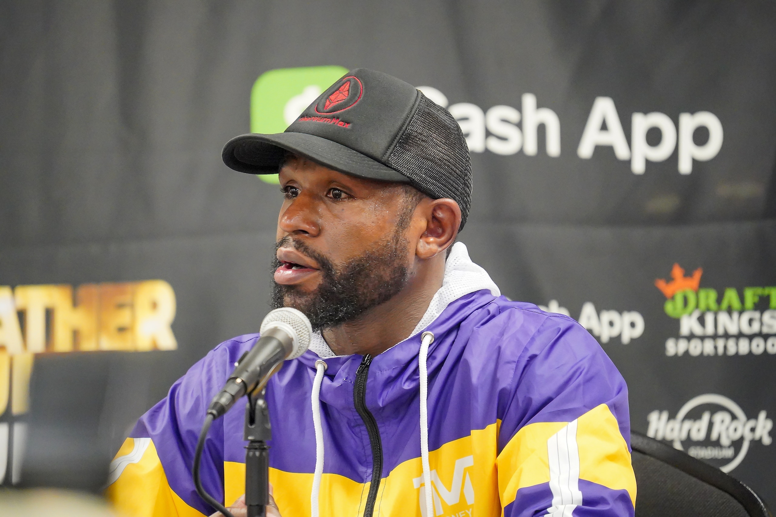 MIAMI, FL - JUNE 6: Floyd Mayweather meets with the press following the Mayweather vs Paul: Bragging Rights boxing event on June 06, 2021, at Hard Rock Stadium in Miami, Florida. (Photo by Louis Grasse/PxImages/Icon Sportswire via Getty Images)