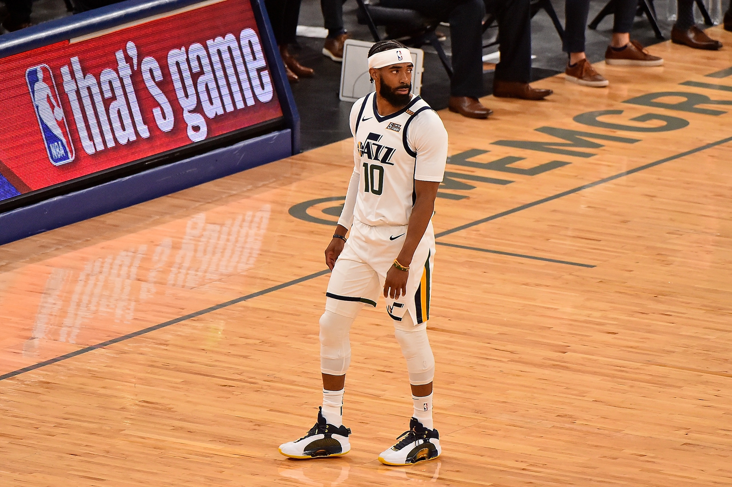 MEMPHIS, TENNESSEE - MAY 29: Mike Conley #10 of the Utah Jazz looks on against the Memphis Grizzlies during Round 1, Game 3 of the 2021 NBA Playoffs on May 29, 2021 at FedExForum in Memphis, Tennessee. NOTE TO USER: User expressly acknowledges and agrees that, by downloading and or using this photograph, User is consenting to the terms and conditions of the Getty Images License Agreement. (Photo by Justin Ford/Getty Images)