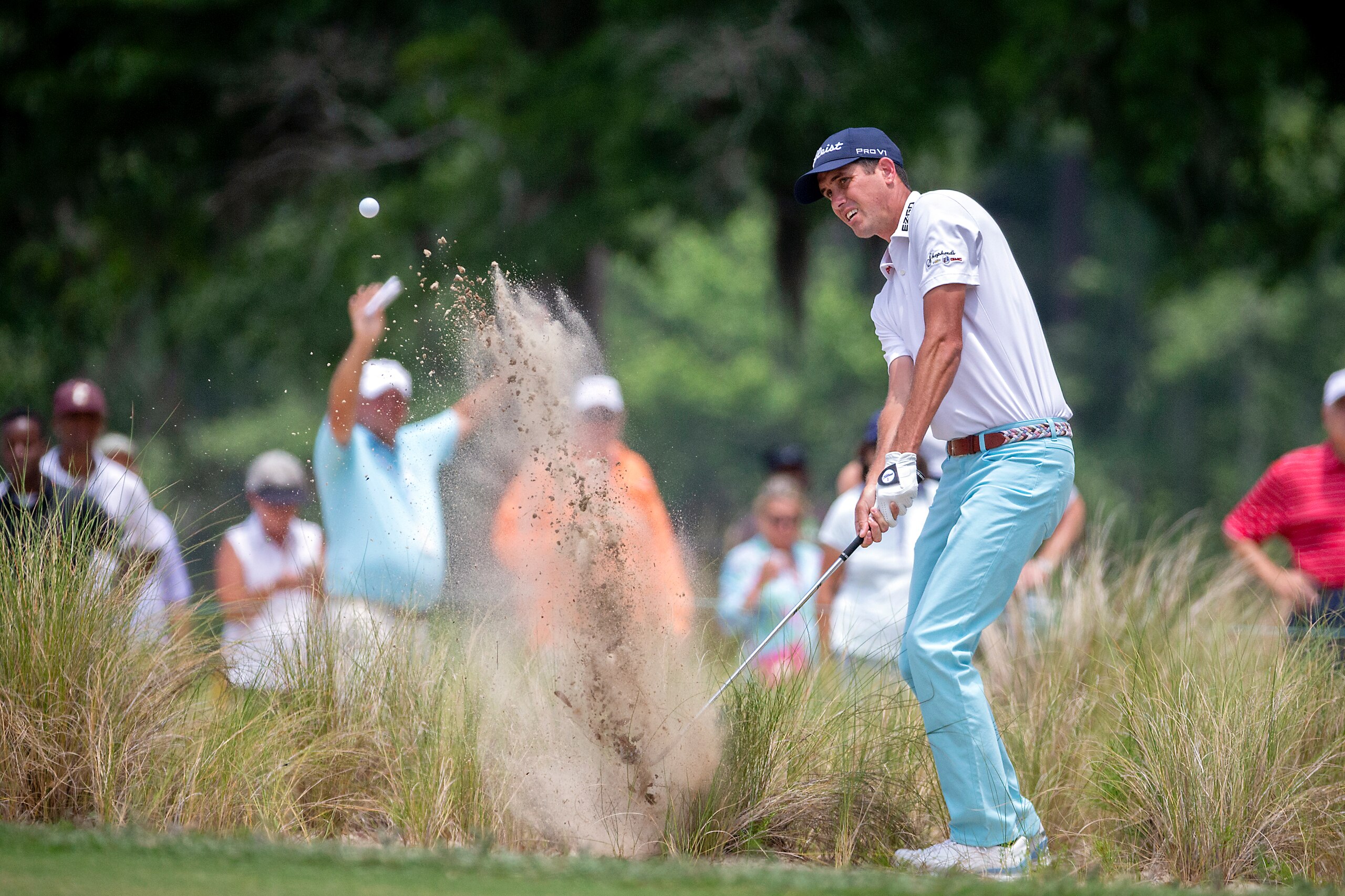 Chesson Hadley hits out of the rough on the first hole during the third round of the Palmetto Championship golf tournament in Ridgeland, S.C., Saturday, June 12, 2021. (AP Photo/Stephen B. Morton)