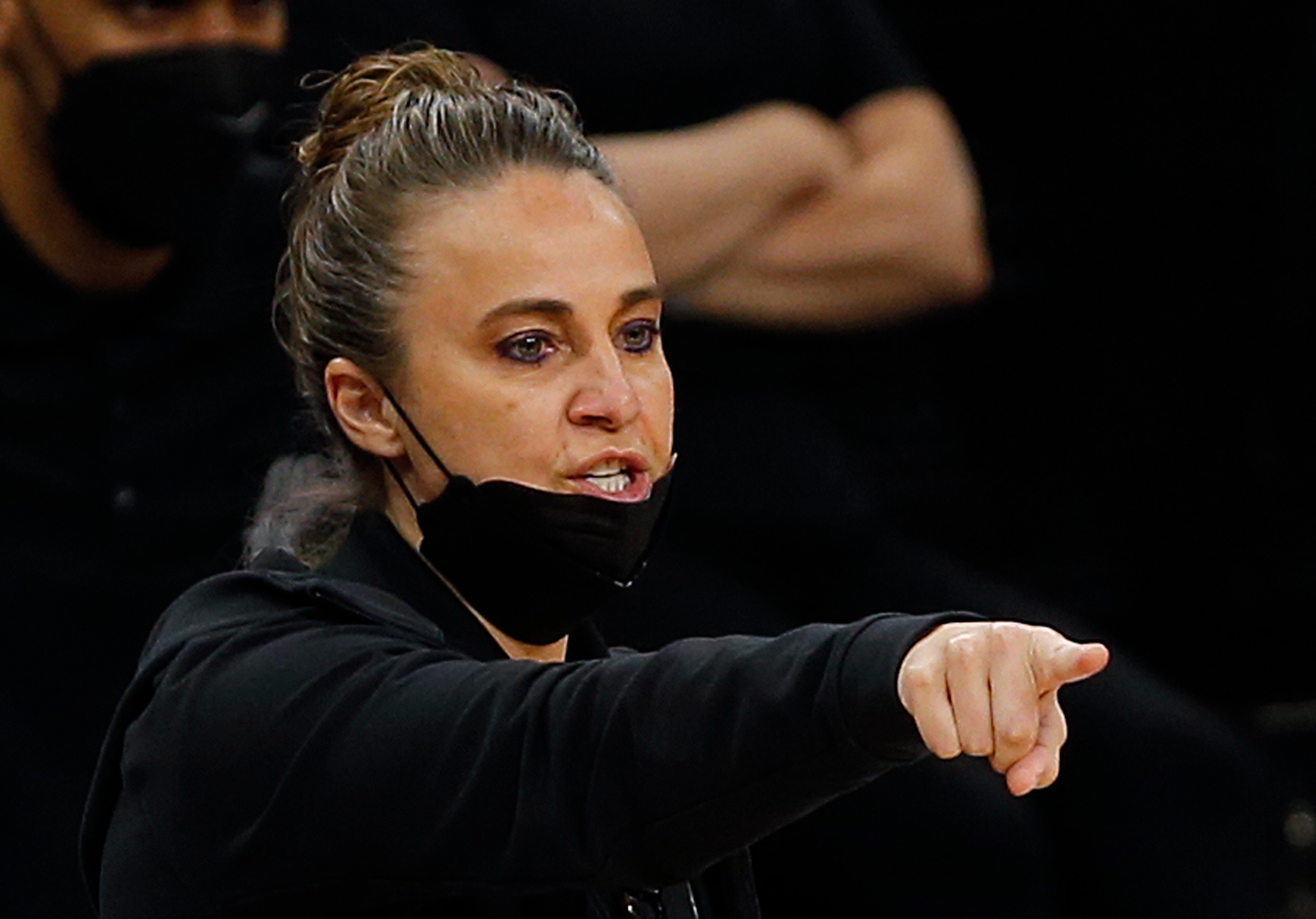 SAN ANTONIO, TX - MARCH 29:  Becky Hammond gives instruction during game against the Sacramento Kings in the second half at AT&T Center on March 29, 2021 in San Antonio, Texas.  Sacramento Kings defeated the San Antonio Spurs 132-115. NOTE TO USER: User expressly acknowledges and agrees that , by downloading and or using this photograph, User is consenting to the terms and conditions of the Getty Images License Agreement. (Photo by Ronald Cortes/Getty Images)